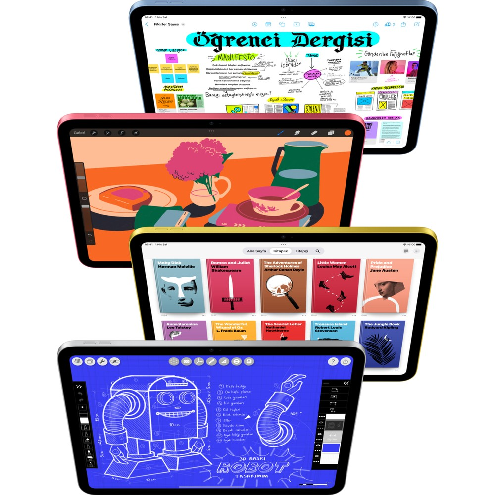 Çizim, dijital dergi, kitap kapakları ve robot planı gibi farklı uygulamaları gösteren dört renkli tablet.