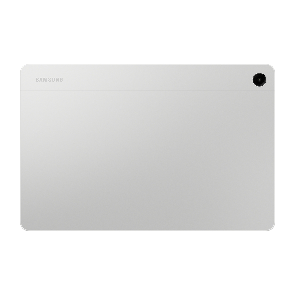 Sağ üst köşede kamera ve Samsung logosu bulunan gümüş rengi bir Samsung tabletin arkası.