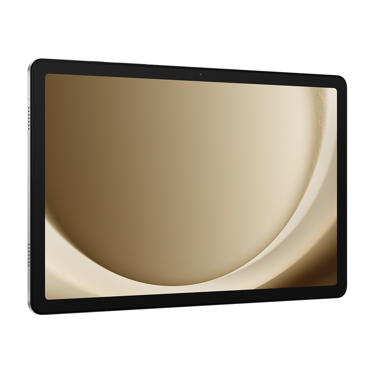 Ekranında altın rengi soyut duvar kağıdı olan siyah bir tablet, hafif açıyla duruyor.