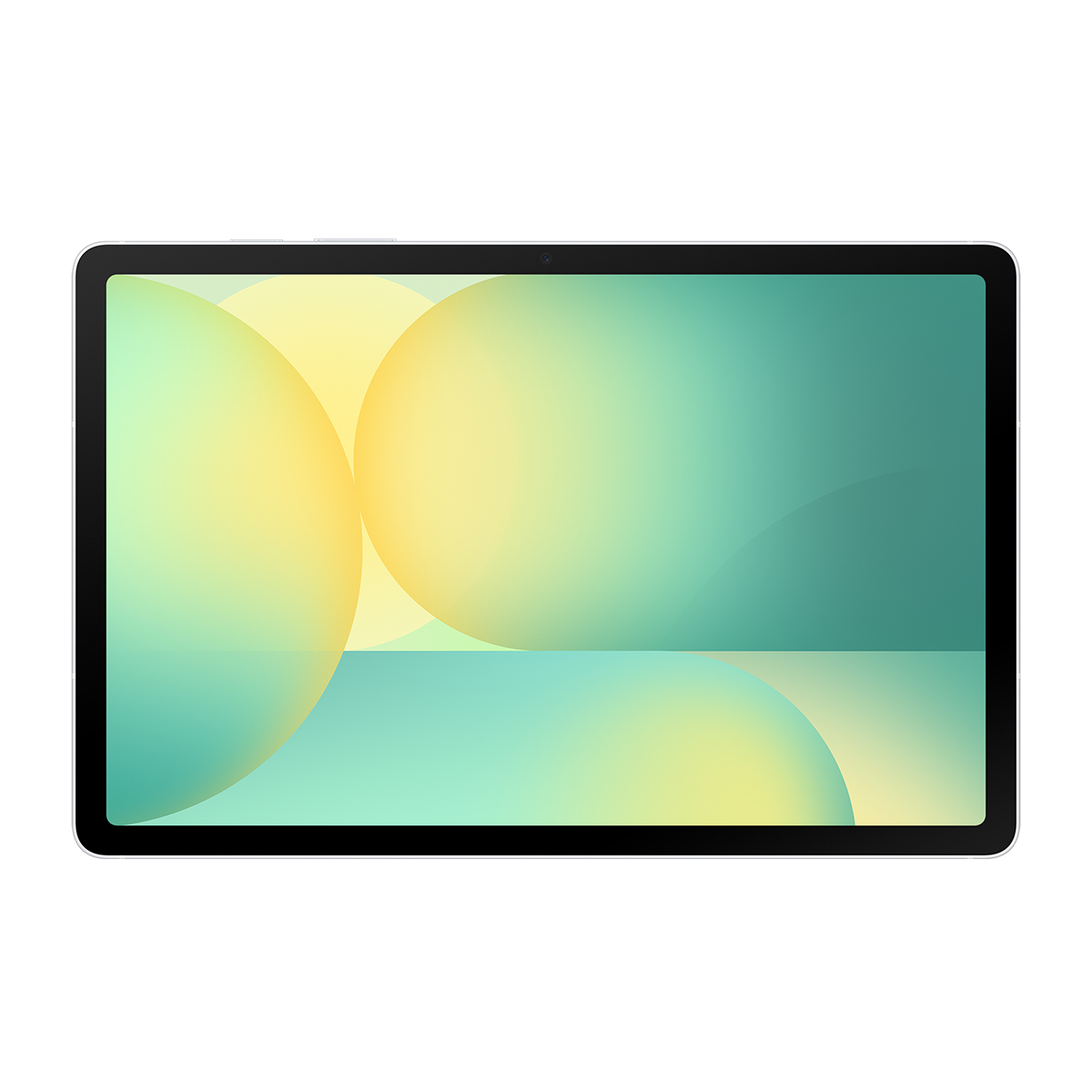 Siyah çerçeveli bir tablet, yeşil ve sarı kürelerden oluşan soyut bir duvar kağıdı gösteriyor.