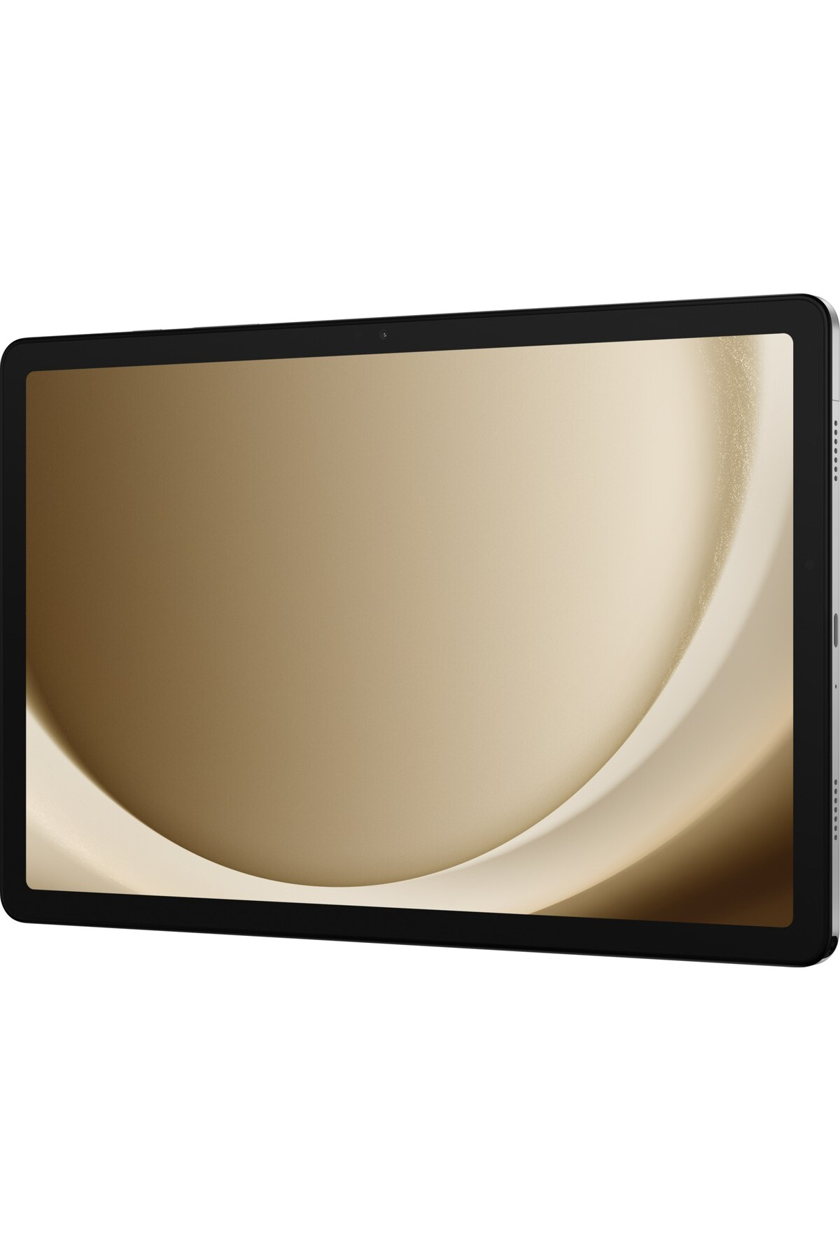 Ekranında altın rengi, kavisli bir arka plan bulunan siyah çerçeveli bir tablet.