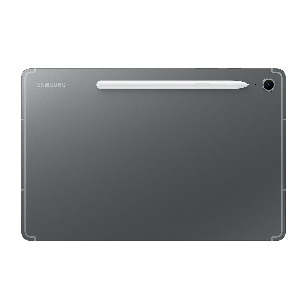 Manyetik olarak tutturulmuş beyaz bir kalem ve bir arka kameraya sahip koyu gri Samsung tabletin arkası.