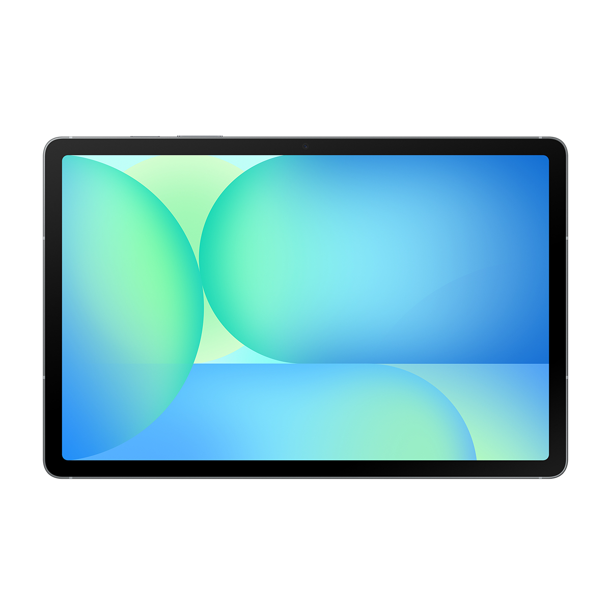 Koyu çerçeveli bir tablet, mavi ve yeşil dairesel desenlere sahip renkli bir ekran gösterir.
