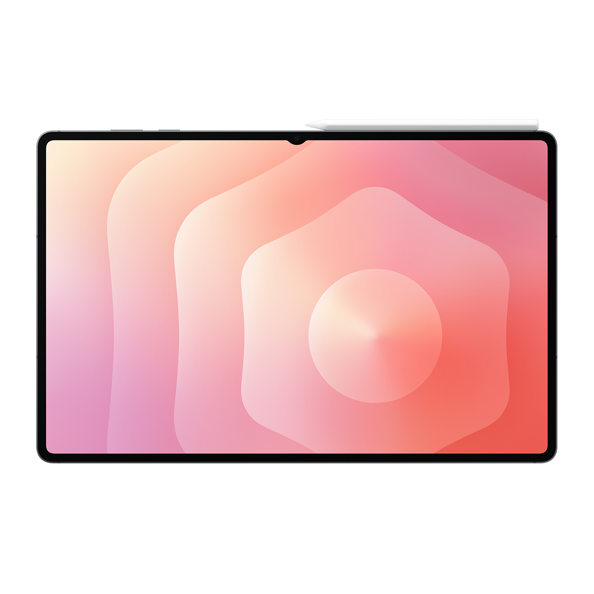 Ekranında pembe soyut arka plan ve üst kısmında beyaz bir kalem olan tablet.
