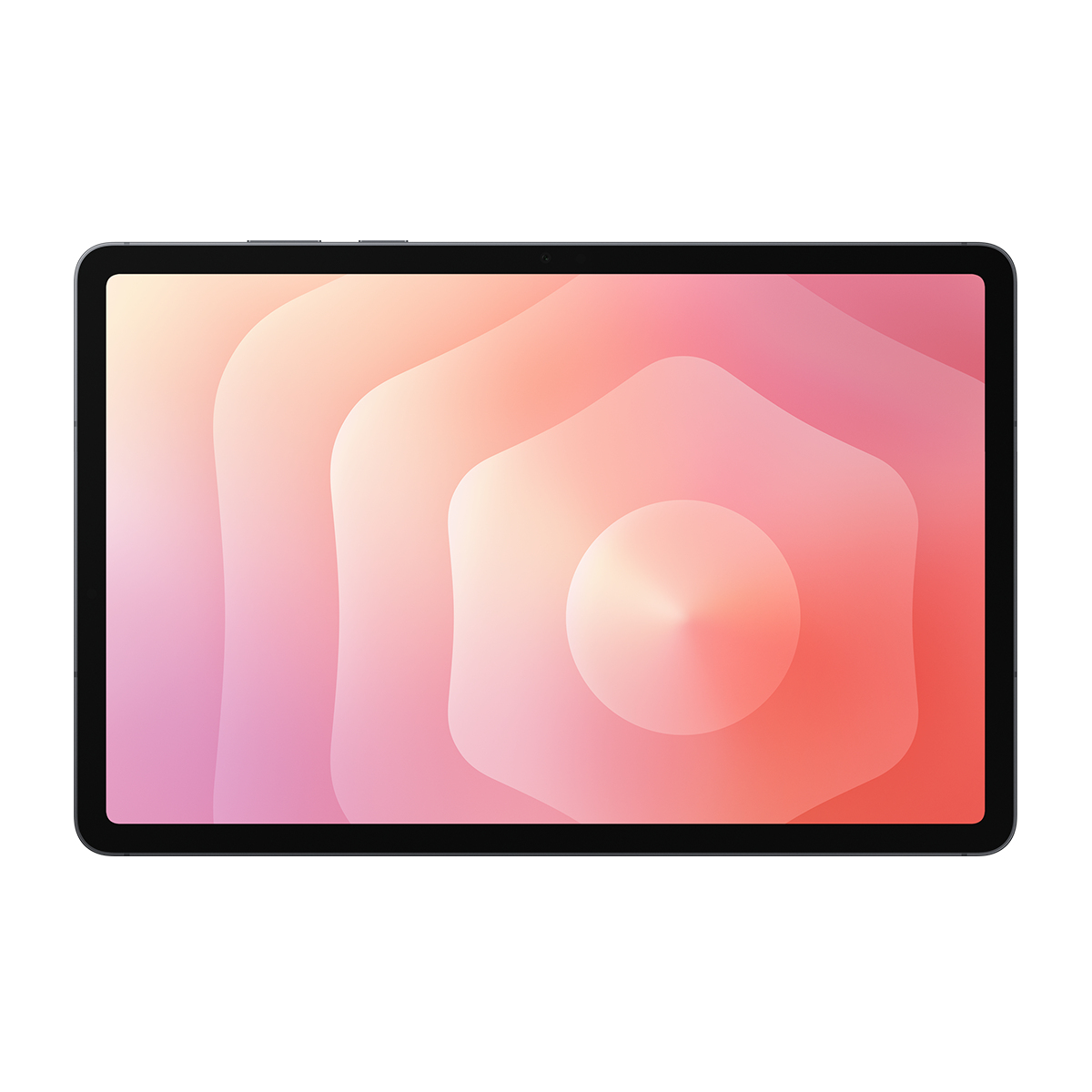 Siyah bir tablet, ekranında yumuşak dalgalı desenlere sahip soyut pembe bir duvar kağıdı gösteriyor.