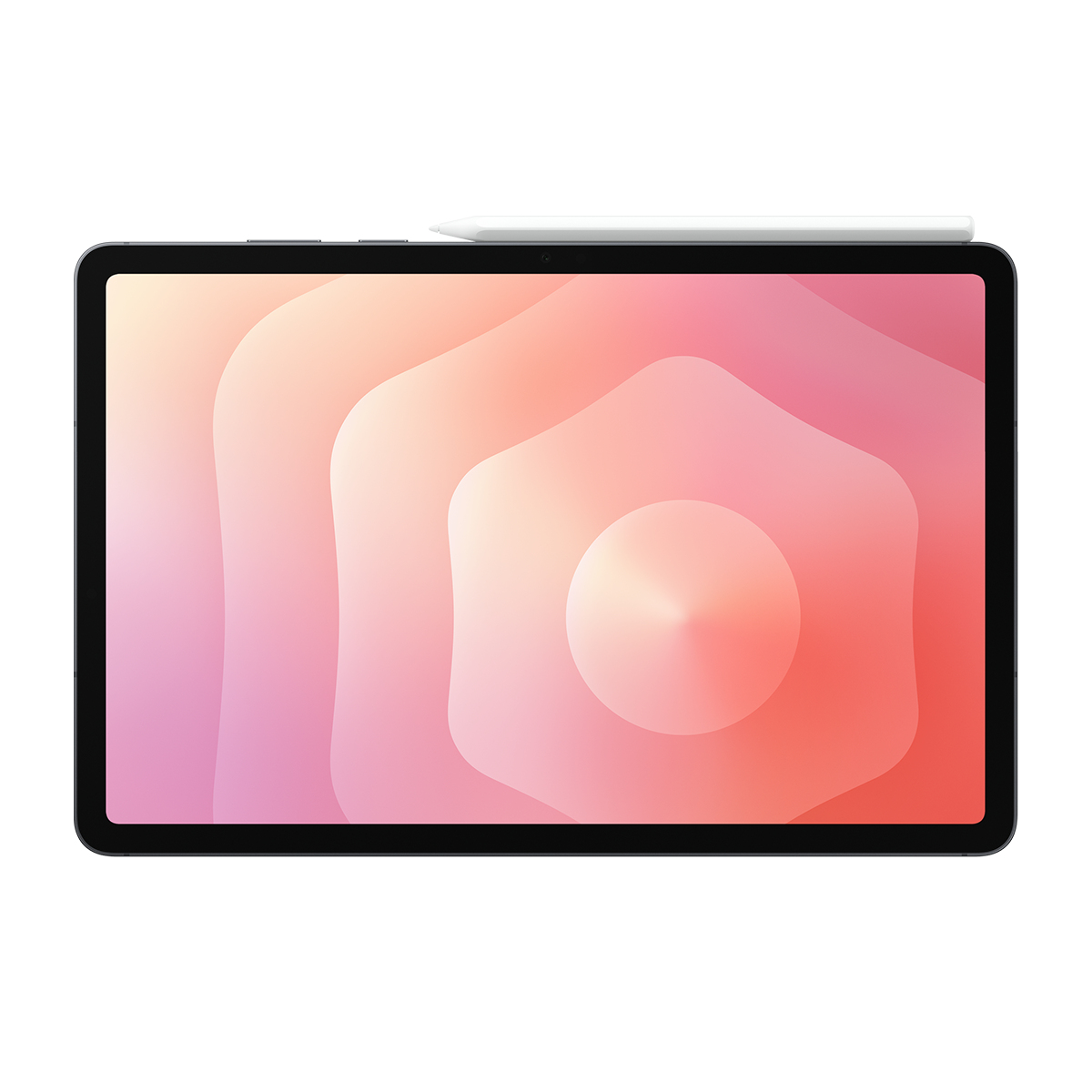 Siyah bir tablet, üstünde kalemle birlikte pembe ve turuncu soyut dalgalı bir duvar kağıdı gösteriyor.