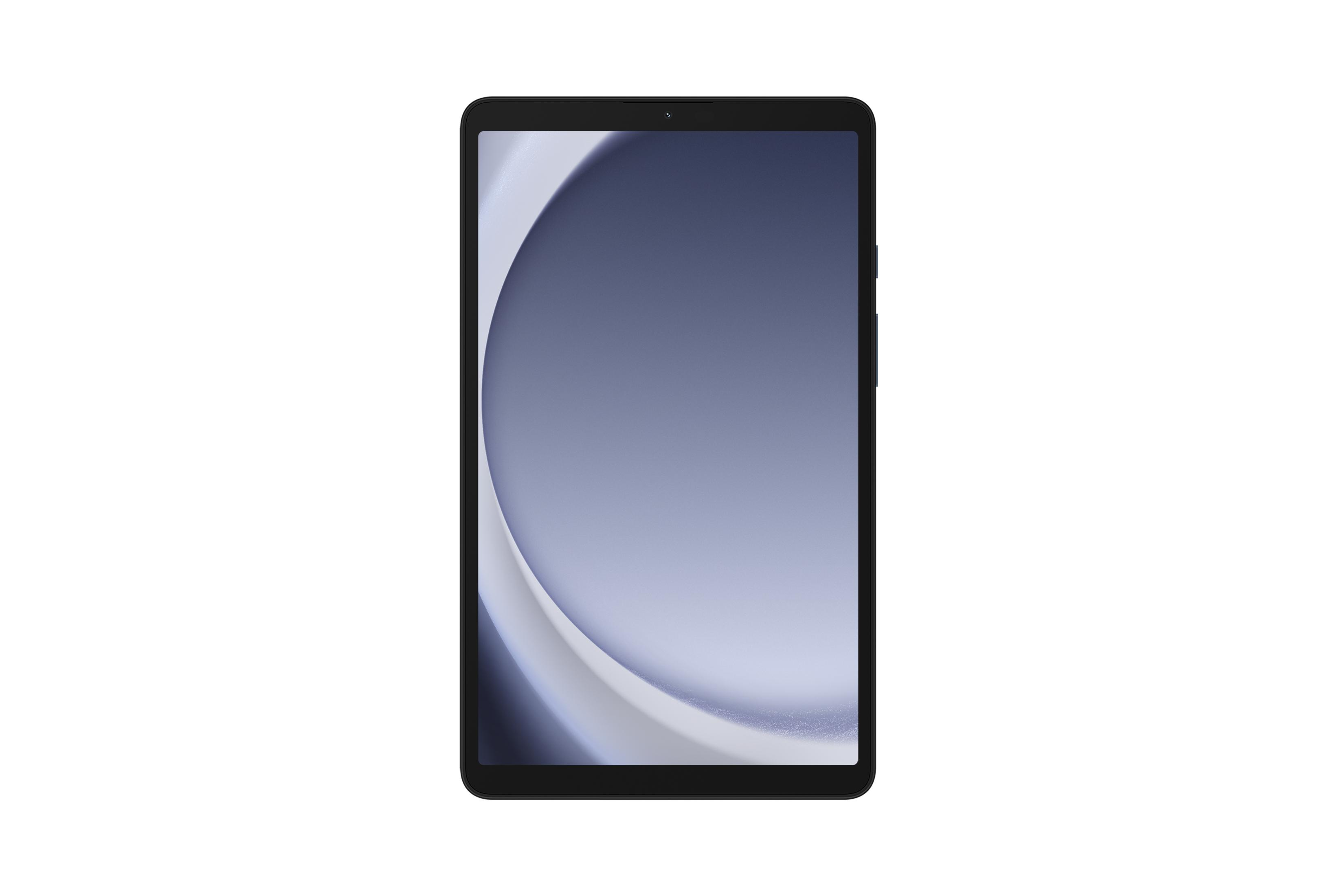 Beyaz arka planda siyah bir tablet, ekranında mavi ve beyaz soyut kıvrımlı bir duvar kağıdı gösteriyor.