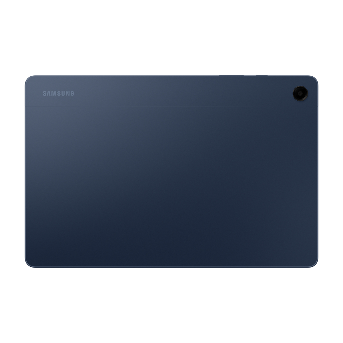 Sağ üstte kamera ve logolu mavi renkli bir Samsung tabletin arkası.