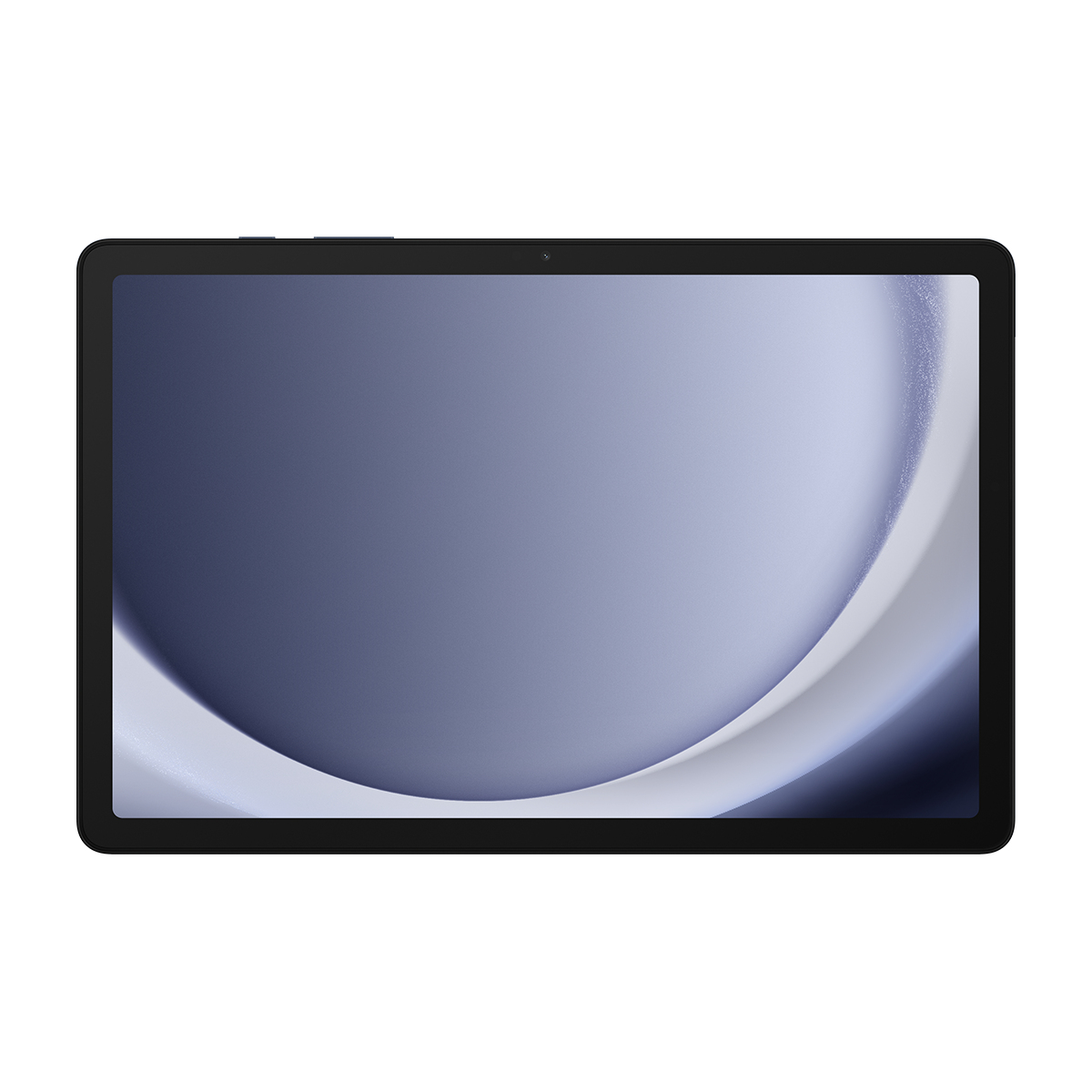 Ekranında mavi ve beyaz soyut kavisli bir tasarım olan siyah bir tablet.