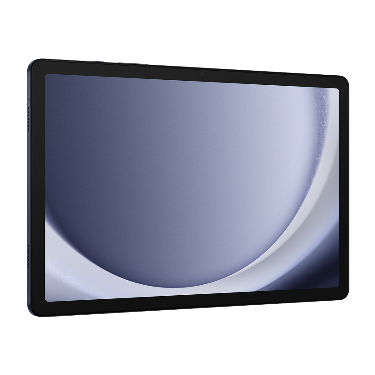 Ekranında parlak soyut bir duvar kağıdı olan mavi bir tablet, beyaz arka planda.