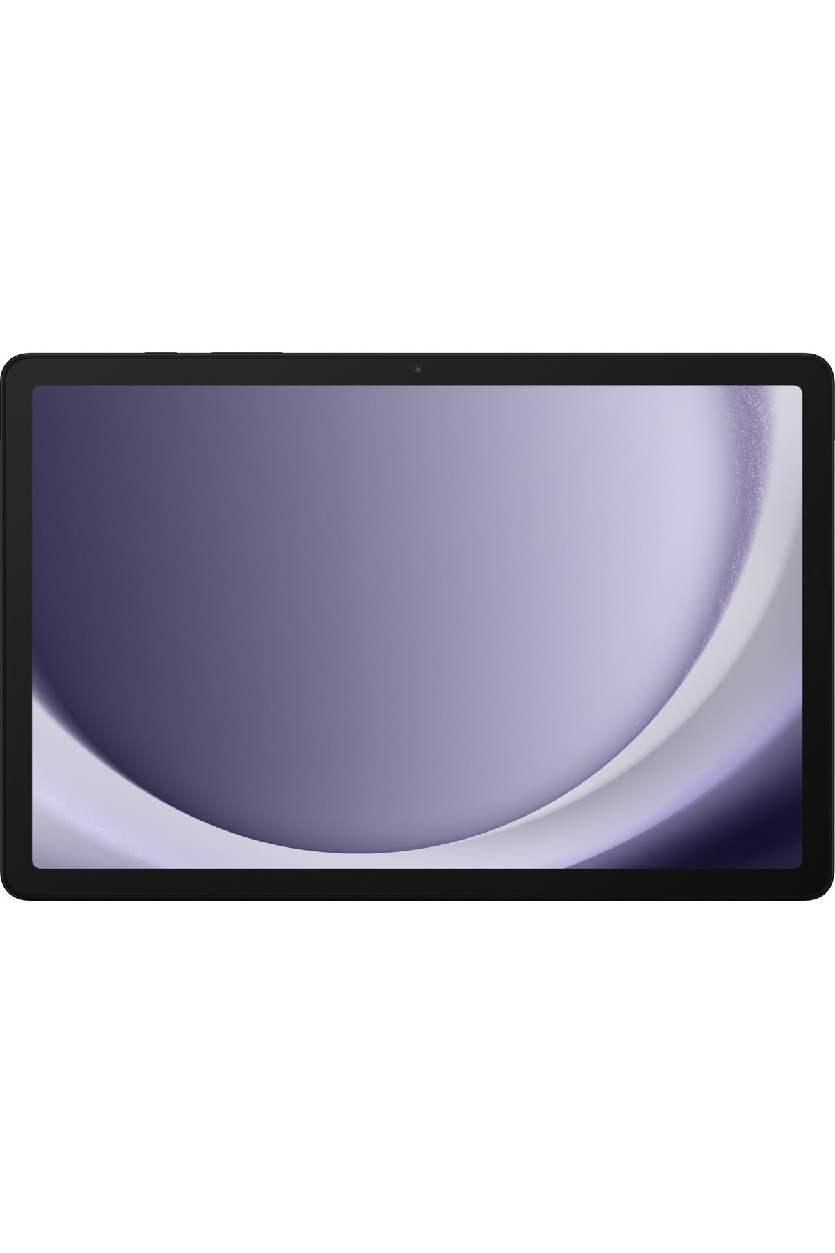 Beyaz arkaplan üzerinde mor ve beyaz soyut duvar kağıtlı siyah tablet.