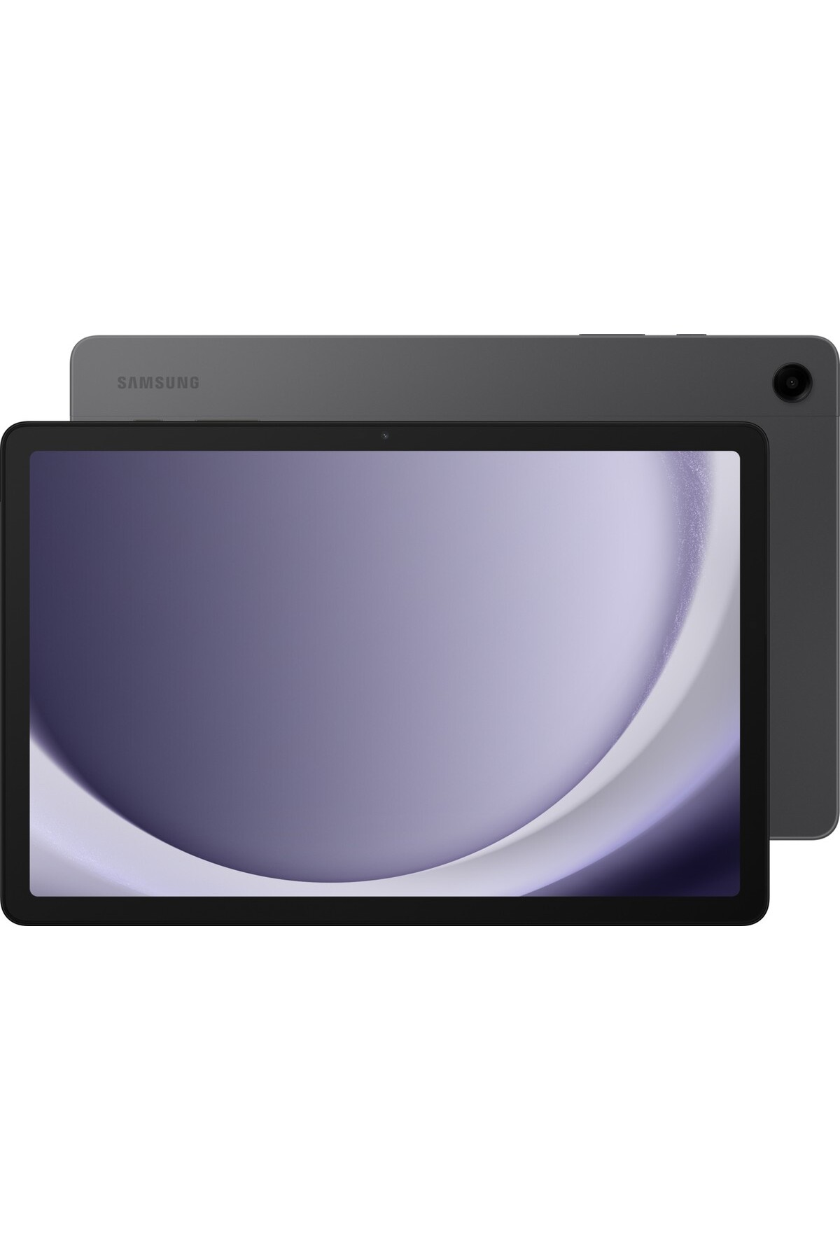 İki koyu gri Samsung tablet, biri mor ekranlı ve diğeri arka kısmını gösteriyor.