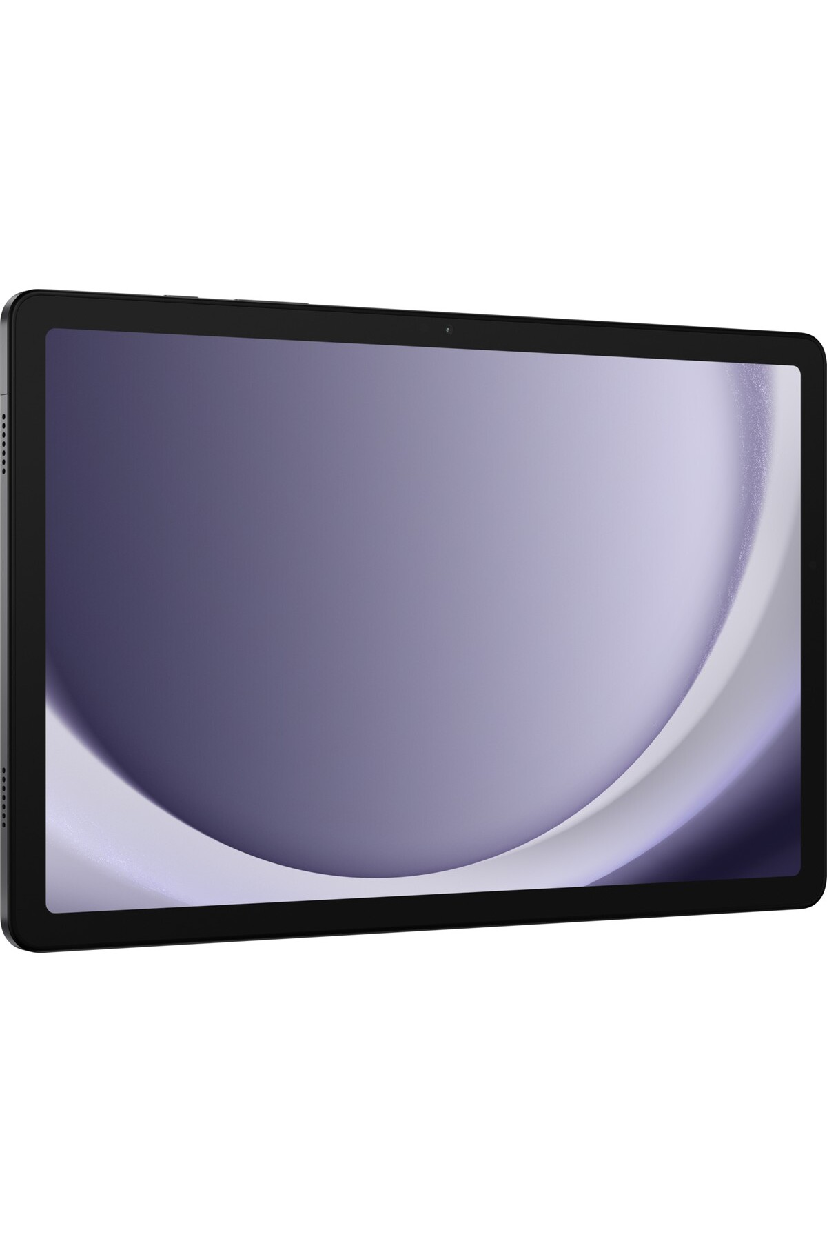 Yuvarlatılmış köşelere sahip siyah bir tablet, beyaz bir arka plan üzerinde mor, soyut kavisli bir ekran arka planı gösterir.