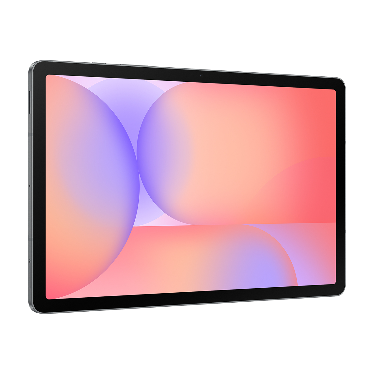Koyu renkli bir tablet, beyaz arka plan üzerinde soyut pembe ve mor dairelerin olduğu bir ekran gösteriyor.