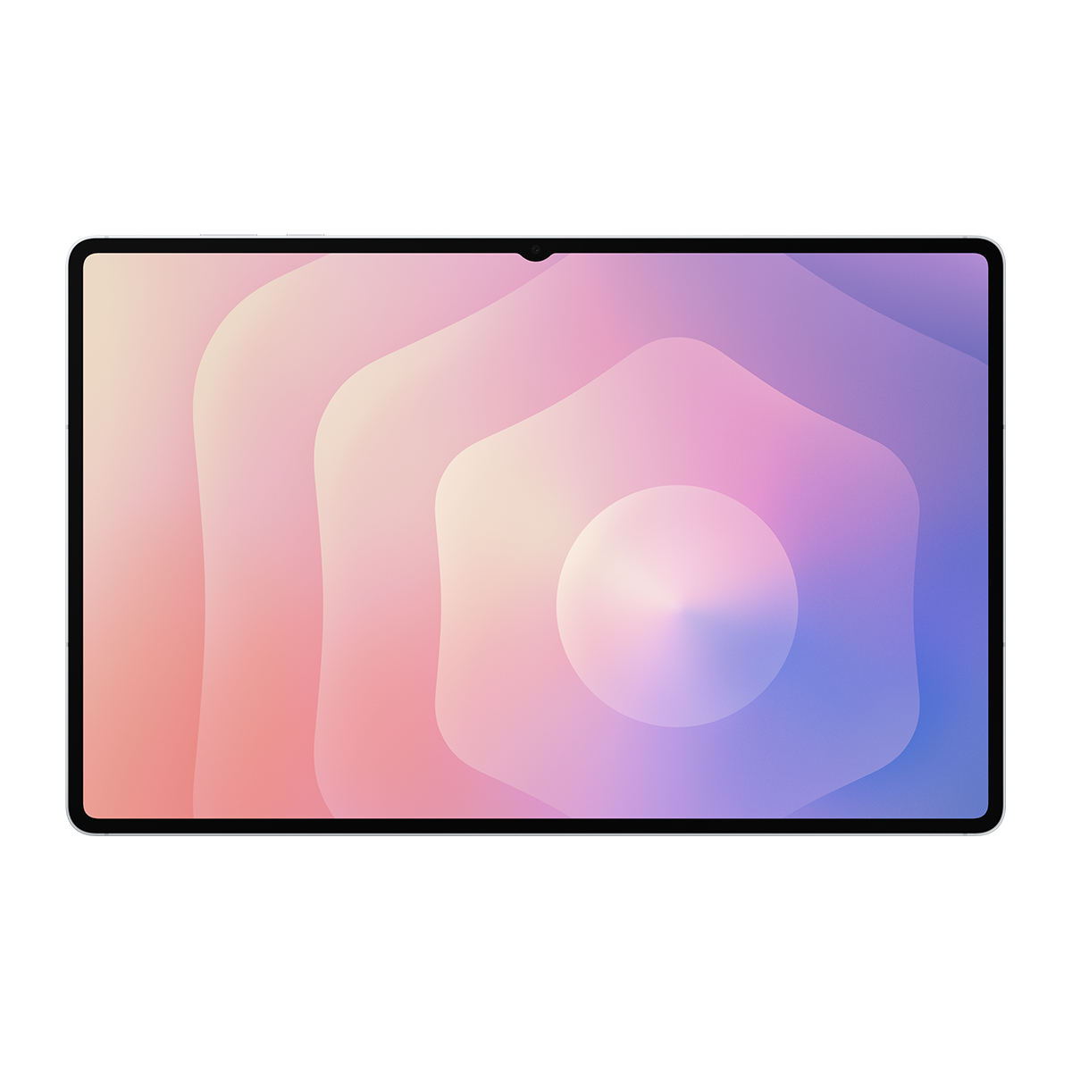 İnce çerçeveli ve pembe-mavi soyut geçişli duvar kağıdına sahip bir tablet.