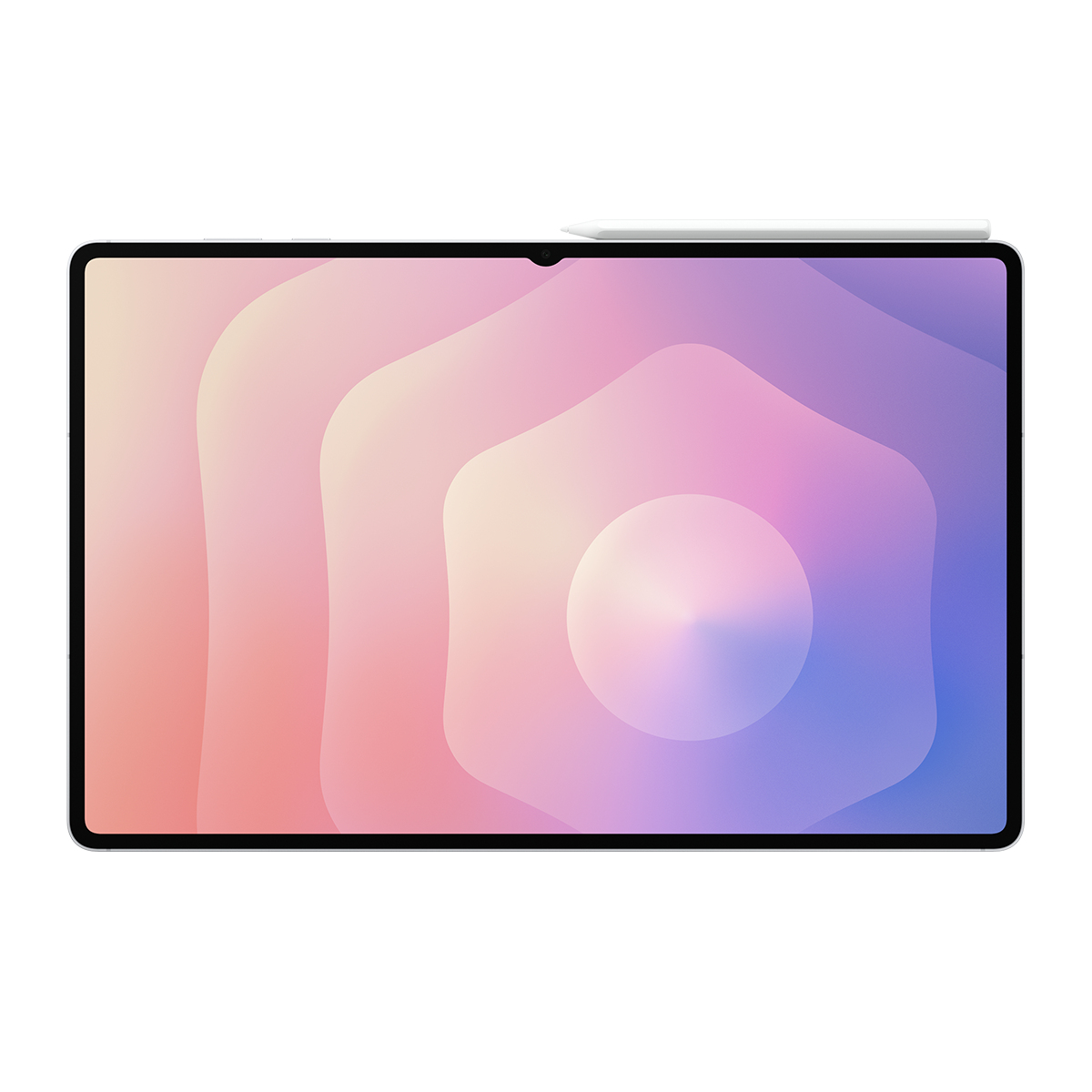 Ekranında renkli, dalgalı desenler olan ve üstünde kalem bulunan gümüş renkli bir tablet.