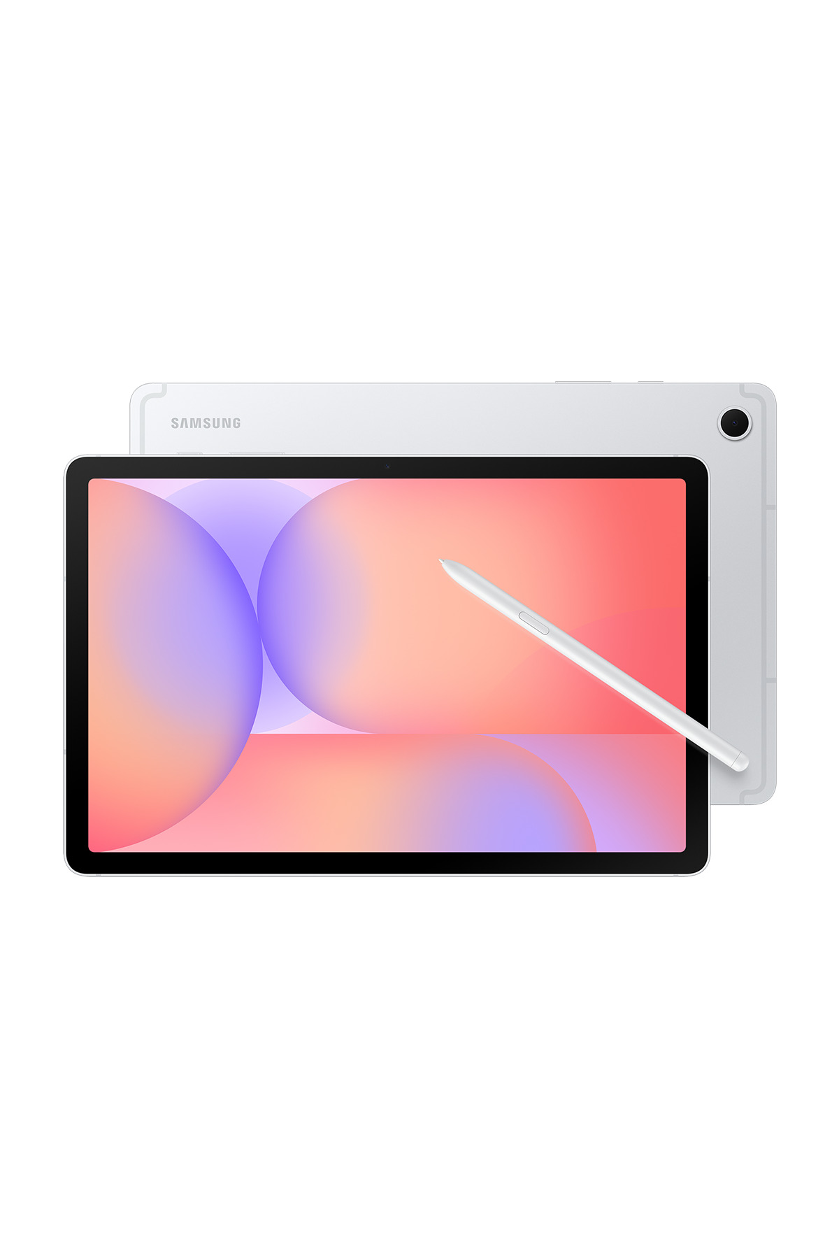 Kalemli beyaz bir Samsung tablet renkli bir ekran gösterir, arka kısmı ise hafifçe arkada görünür.