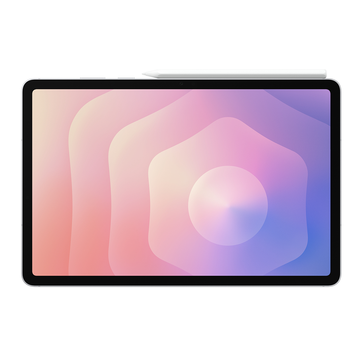 Pembe ve mor dalgalı duvar kağıdına sahip bir tablet ve üstte beyaz kalem.