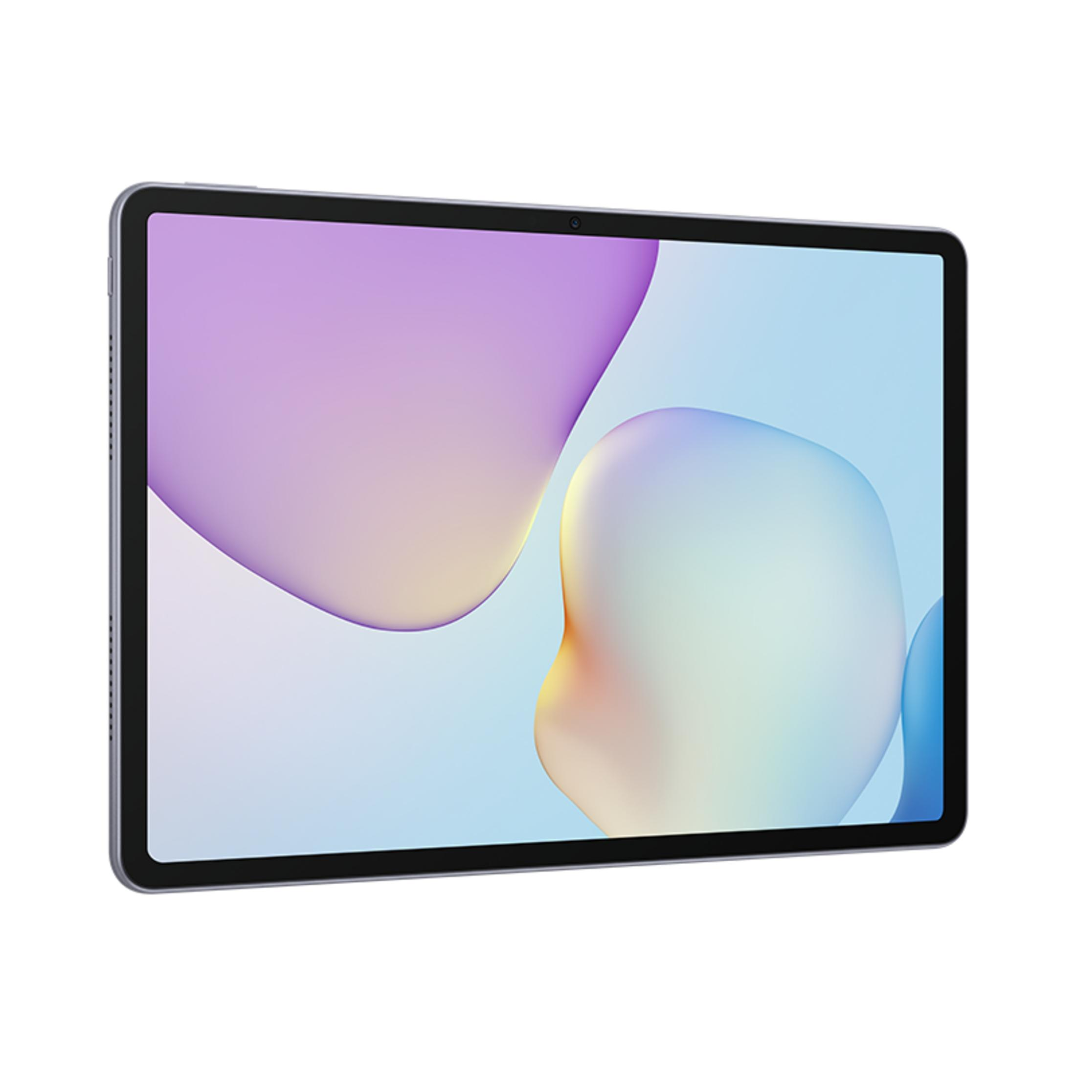 Srebrny tablet z kolorową tapetą, przedstawiony na białym tle.