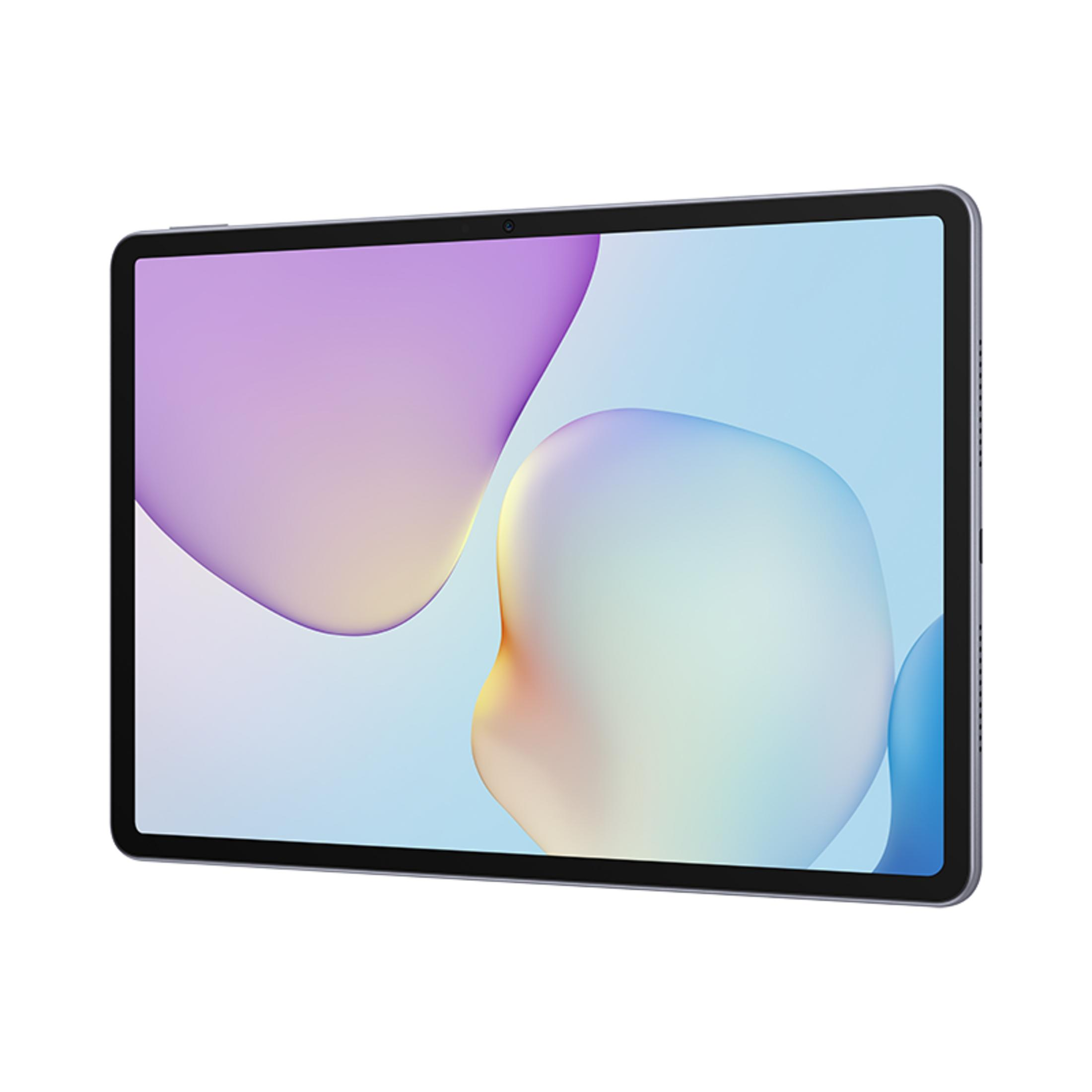 Srebrny tablet z gradientową tapetą, na białym tle.