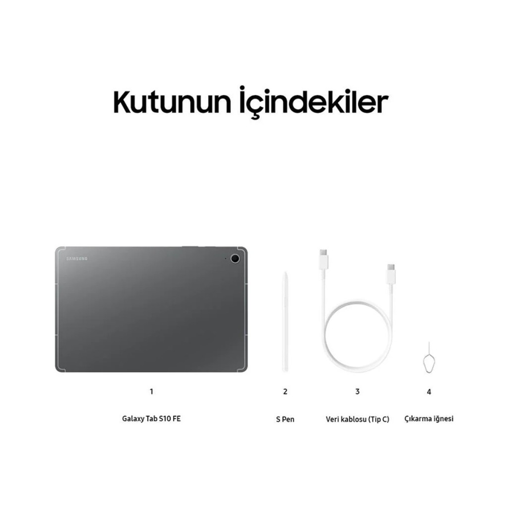 Galaxy Tab S10 FE kutu içeriği: tablet, S Pen, Tip-C kablo ve çıkarma iğnesi.