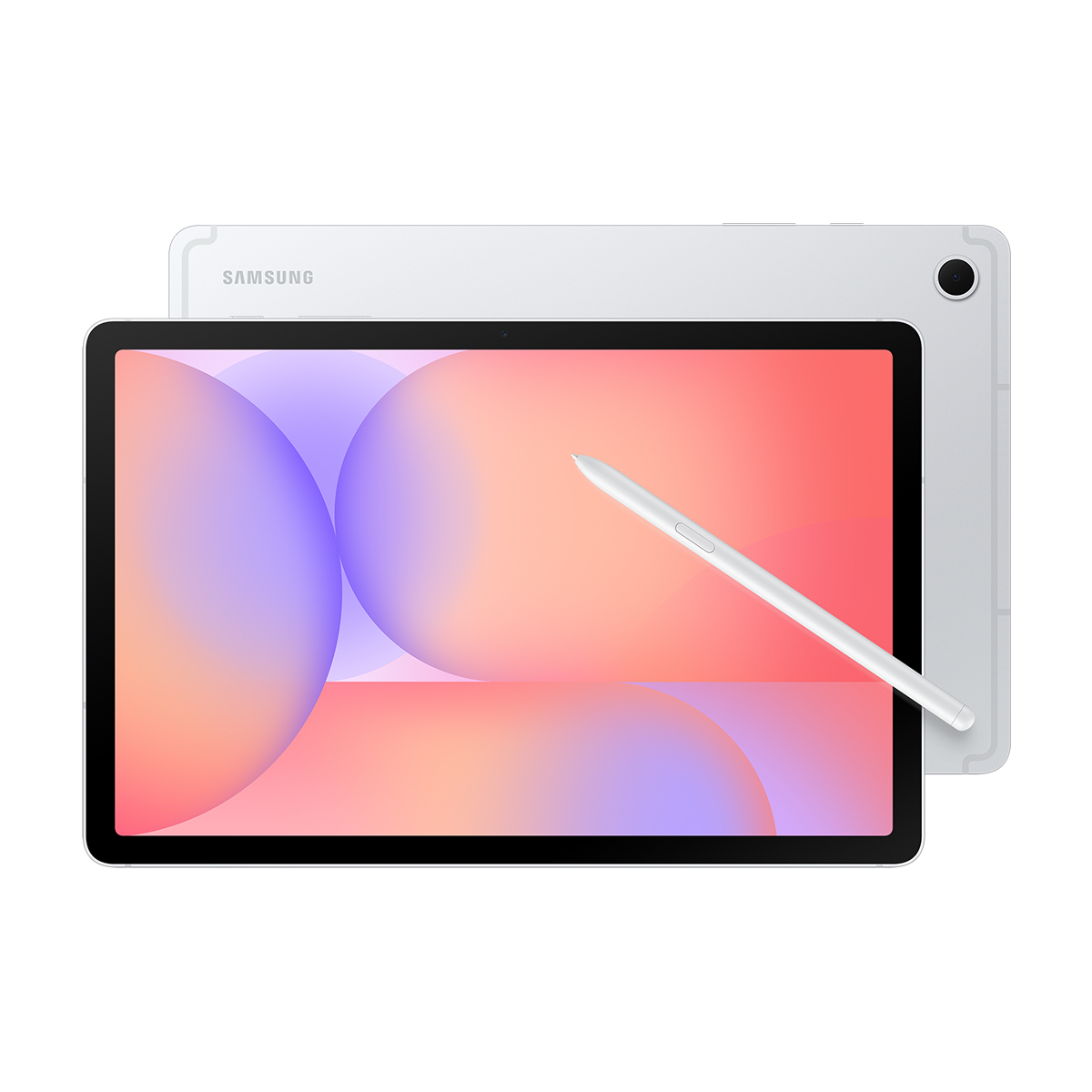 Beyaz arkaplanda kalem ve renkli ekrana sahip beyaz bir Samsung tablet.