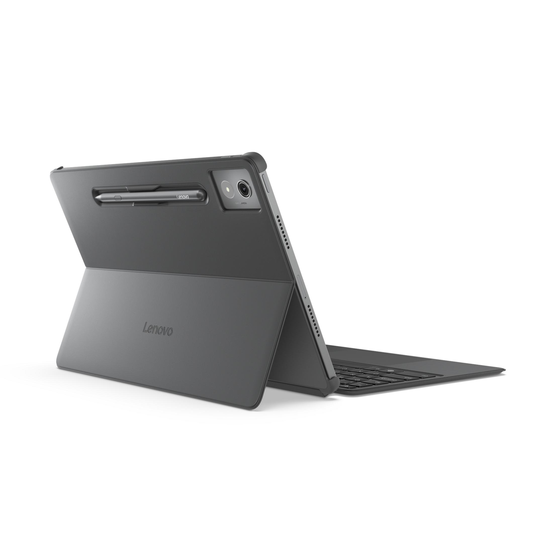 Beyaz arka planda stantlı, kalemli ve klavyeli gri kılıflı Lenovo tablet.