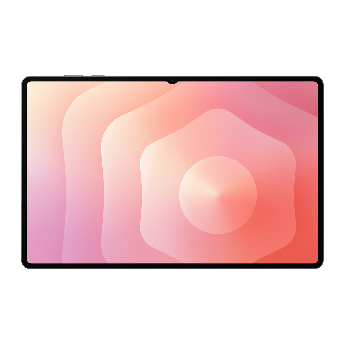 Ekranında soyut, pembe ve turuncu dalga deseni olan bir tablet.