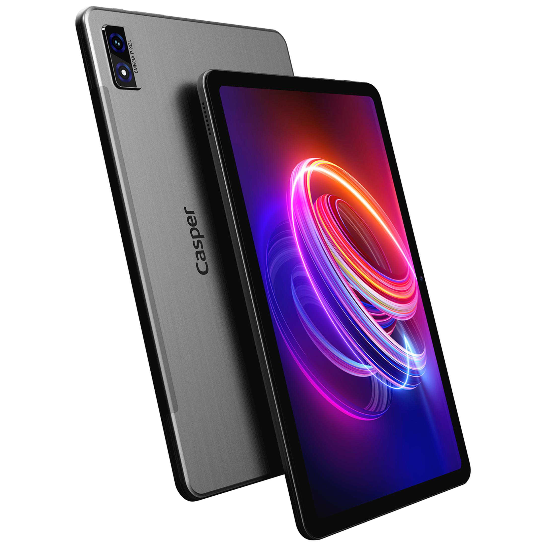 Açılı iki gri Casper tablet, öndeki ekranında canlı parlayan renkli bir soyut girdap tasarımı gösteriyor.