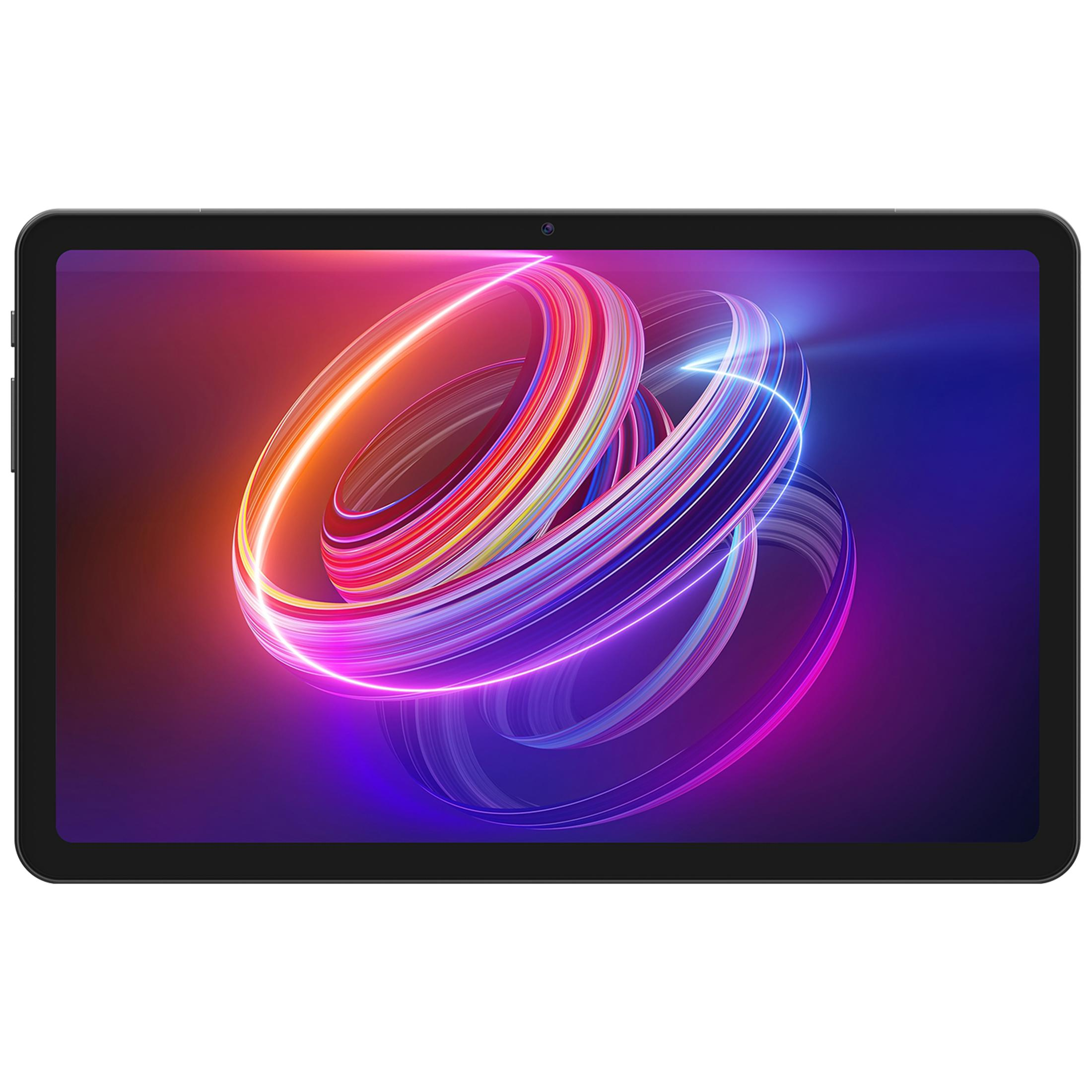 Siyah bir tablet, mavi ve kırmızı arka plan üzerinde ekranda renkli, parlayan halkalar gösteriyor.