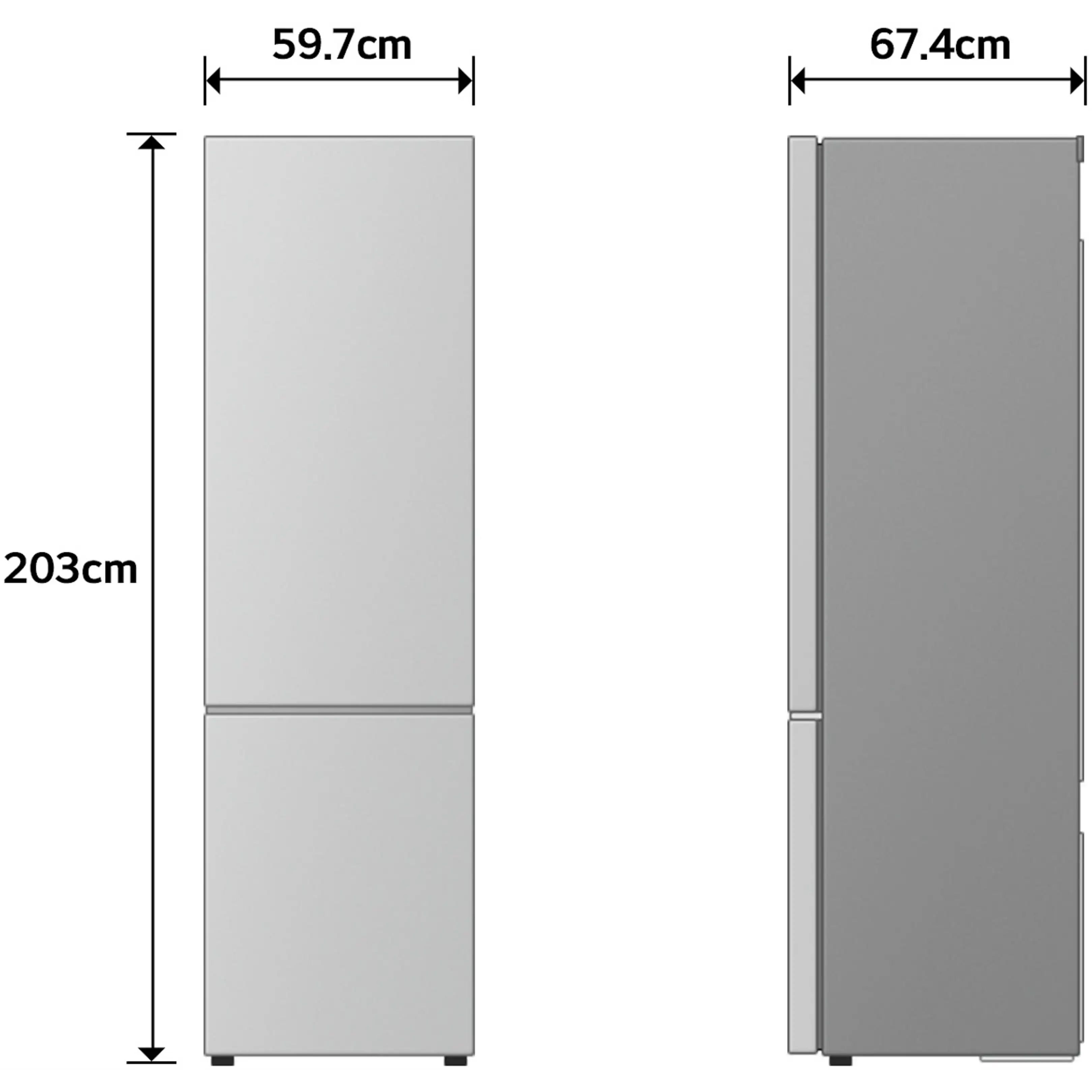 Schema di un frigorifero argento alto 203 cm, largo 59,7 cm e profondo 67,4 cm su sfondo nero.