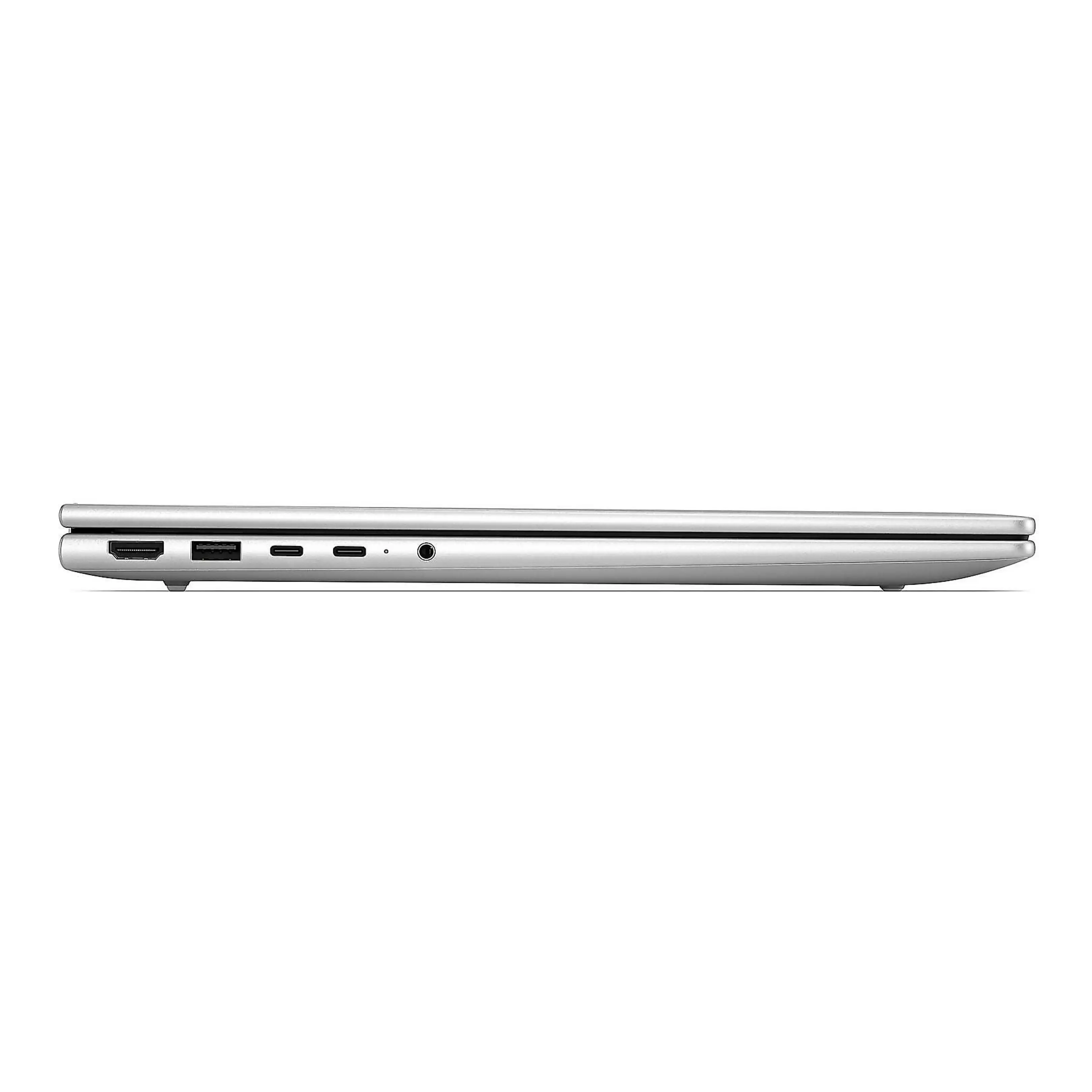 Vista laterale di un laptop argentato chiuso con porte HDMI, USB e audio.
