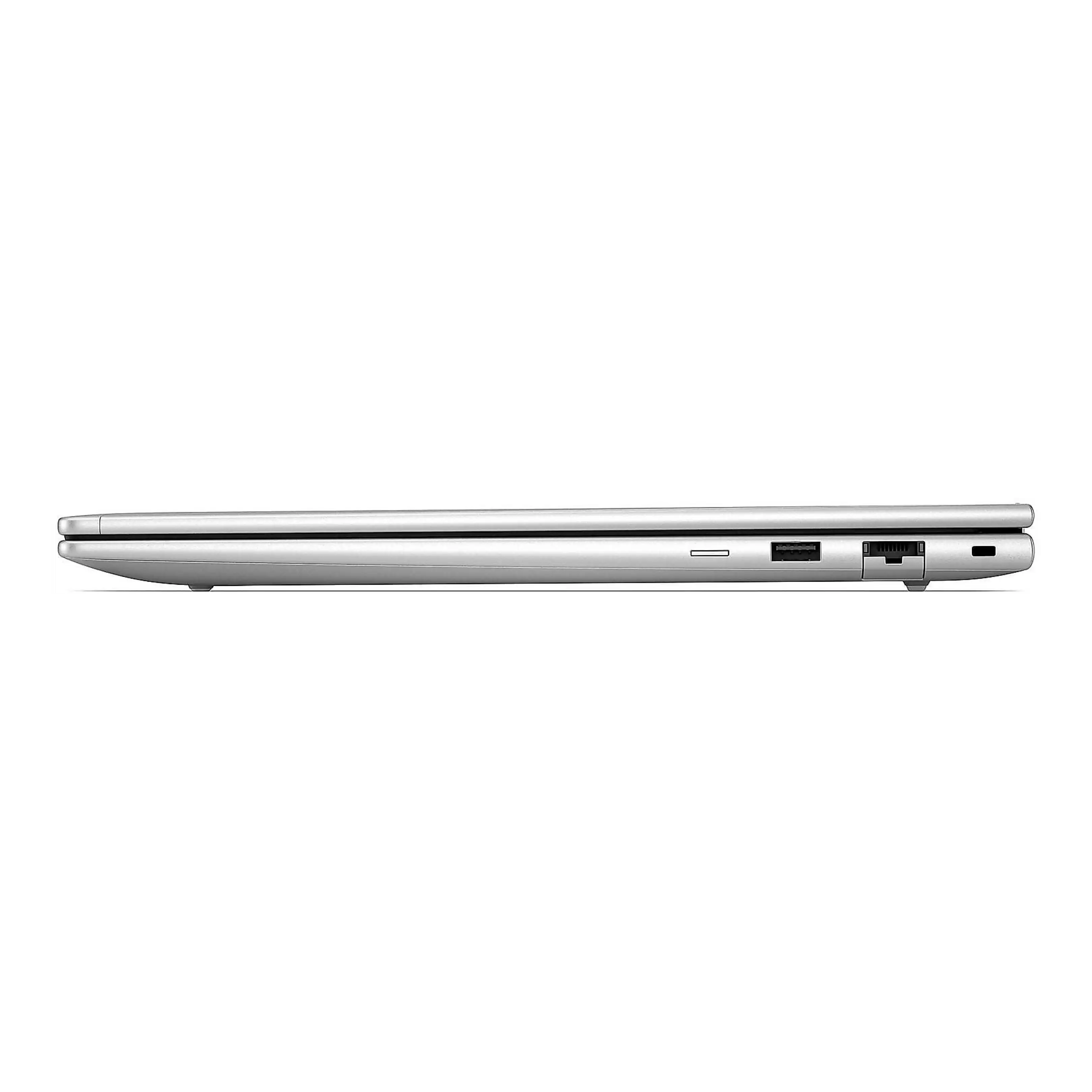 Vista laterale di un computer portatile argentato chiuso con porte su sfondo nero.