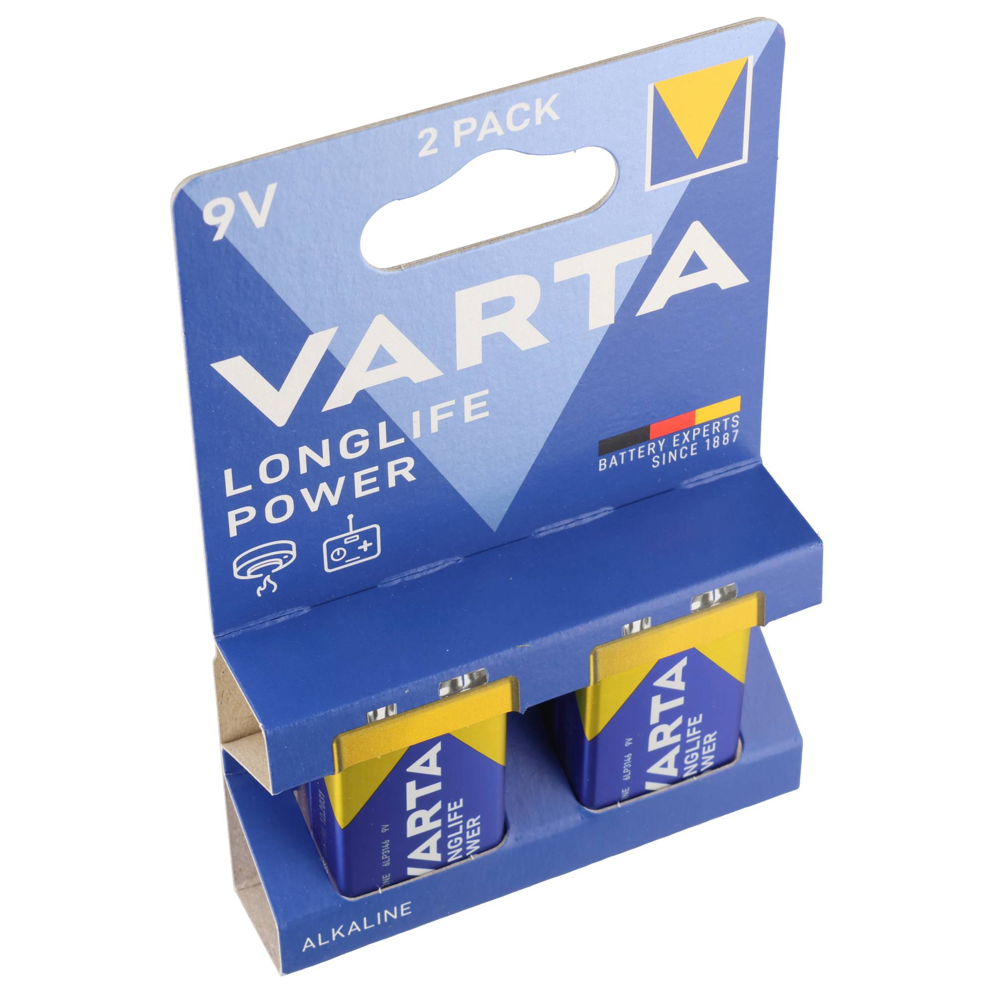 Una confezione di batterie VARTA 9V Longlife Power blu e gialla con due batterie alcaline.