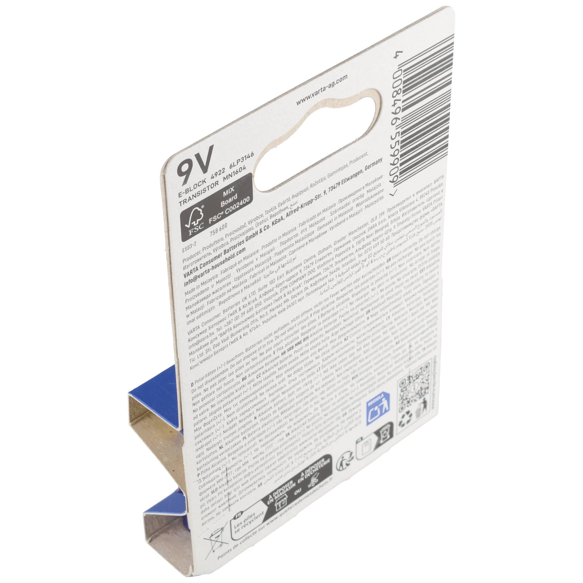 Retro di una confezione di batteria Varta 9V bianca e blu con testo e codice a barre.