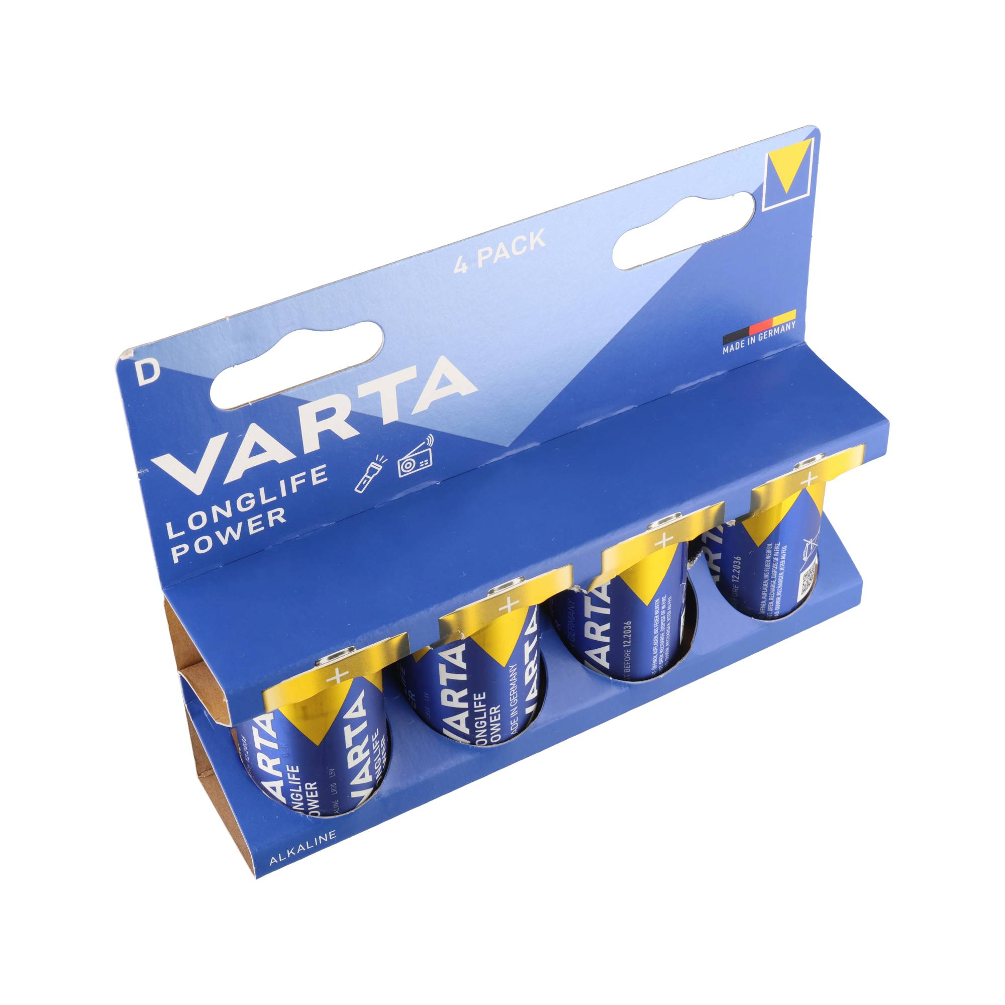 Un pack de 4 piles Varta Longlife Power format D sur fond blanc.