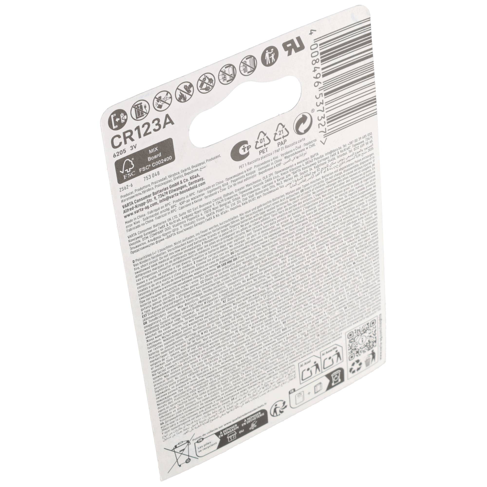 Back of a Varta CR123A lithium battery packaging showing safety warnings.