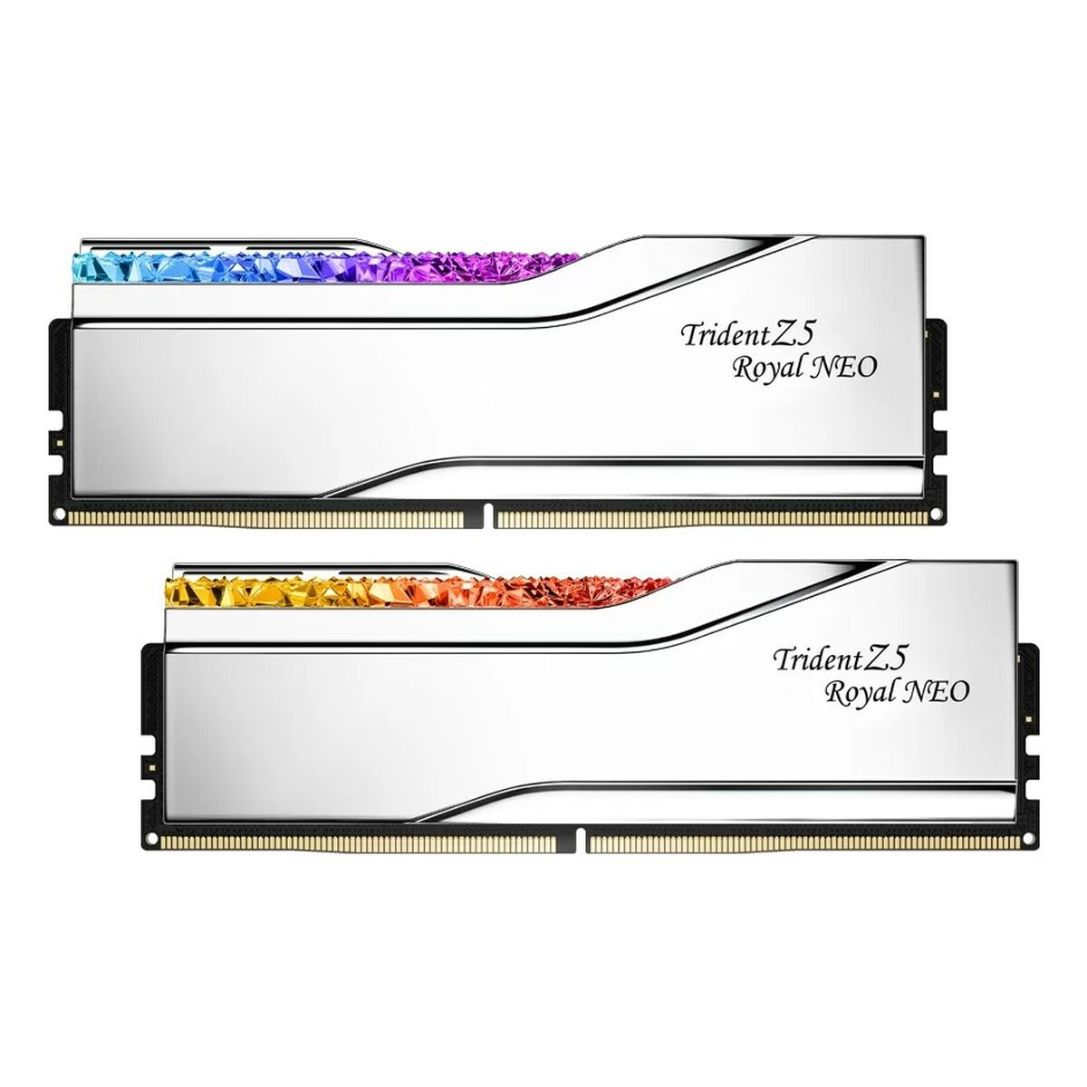 Dwa srebrne moduły RAM Trident Z5 Royal NEO z błyszczącymi metalicznymi wykończeniami i kolorowymi paskami świetlnymi.