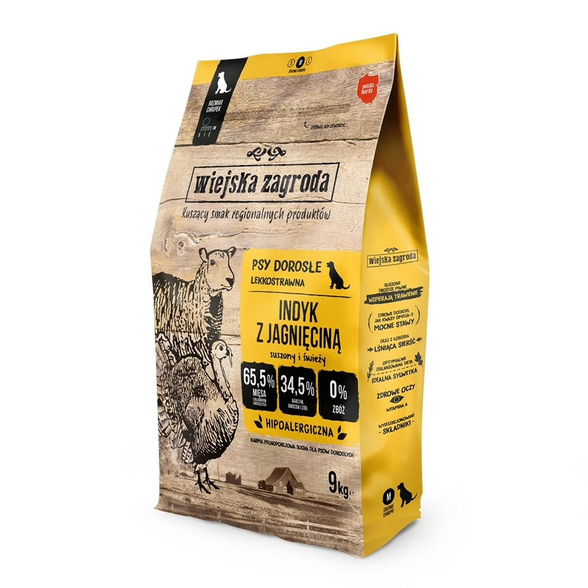 Una bolsa amarilla de 9kg de comida para perros Wiejska Zagroda con pavo y cordero e ilustraciones de animales.