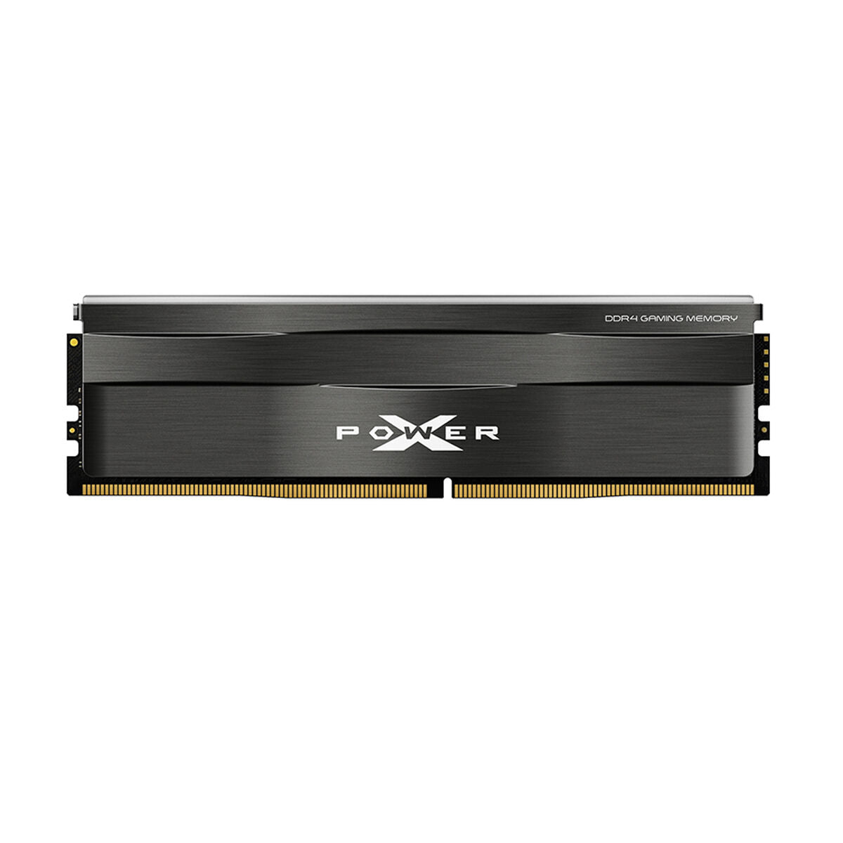 Czarny moduł pamięci RAM DDR4 z metalowym radiatorem, napisem POWER i logo X.