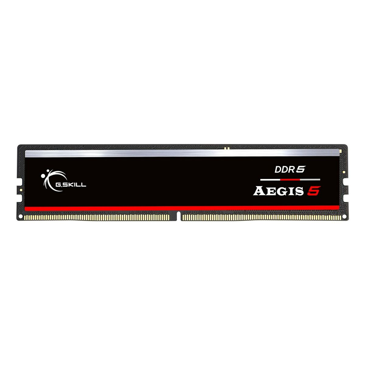 Une barrette de RAM G.Skill Aegis 5 DDR5 avec dissipateur thermique noir et ligne rouge sur fond blanc.