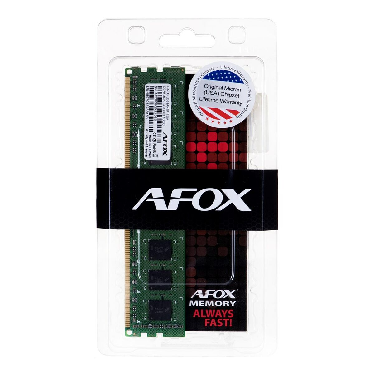 Zielona pamięć RAM DDR3 AFOX w zapieczętowanym plastikowym opakowaniu z naklejką gwarancyjną.