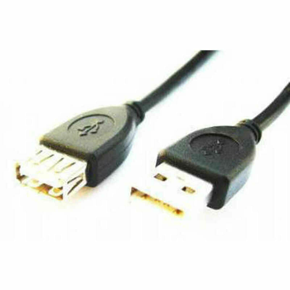 Un cable USB-A que muestra un conector macho y hembra sobre un fondo blanco.