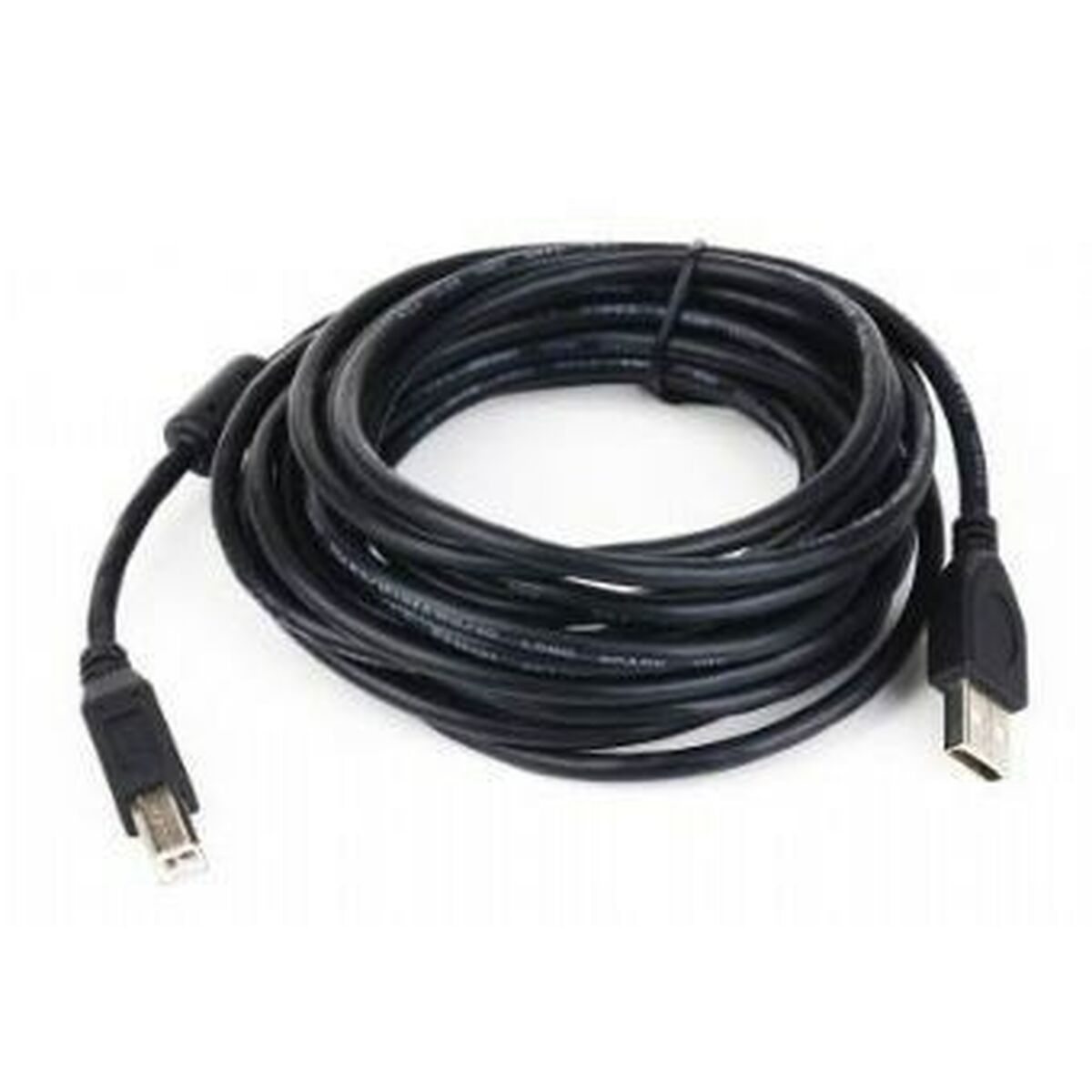 Zwinięty czarny kabel USB ze złączami na obu końcach na białym tle.