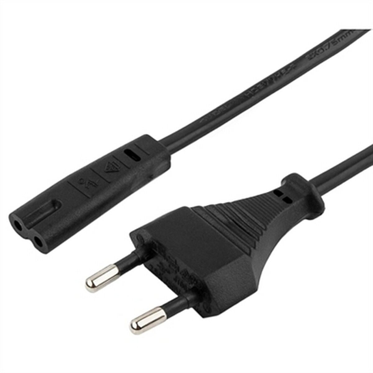 Un cable de alimentación negro con un enchufe europeo y un conector C7 sobre fondo blanco.