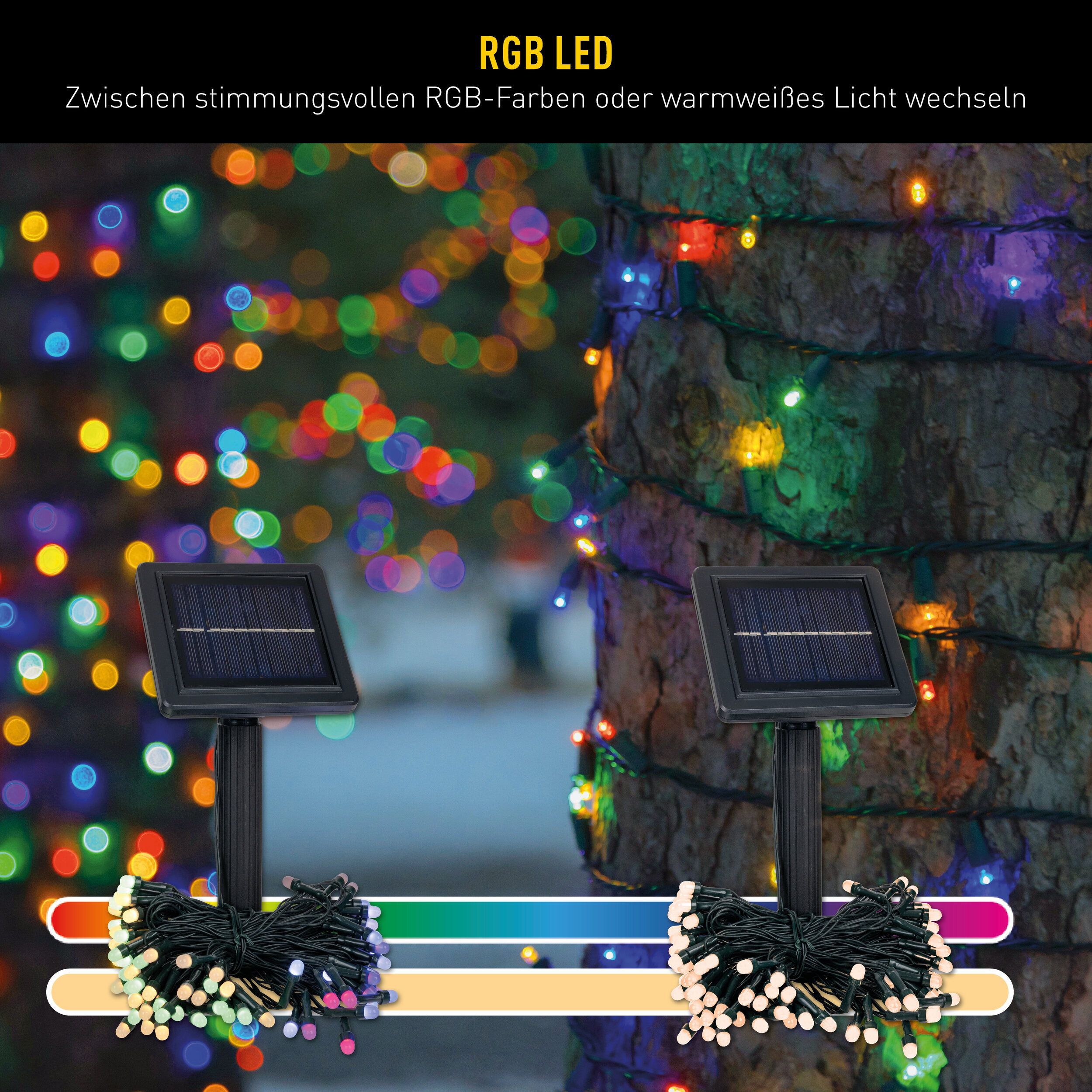Zwei Solarpaneele mit Lichterketten vor einem beleuchteten Baum und verschwommenem Hintergrund.