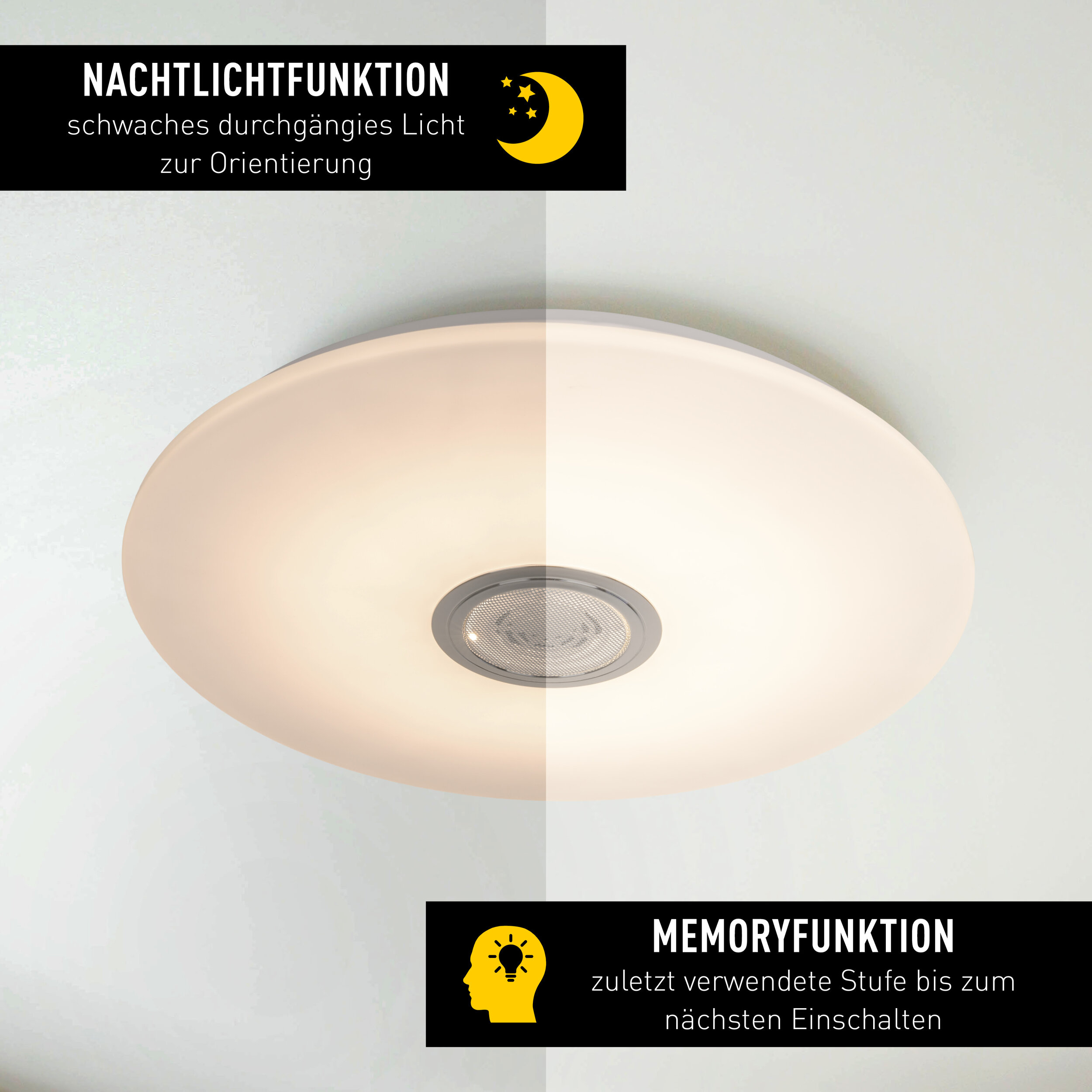 Runde Deckenleuchte mit Nachtlicht- und Memory-Funktion an einer weißen Decke.