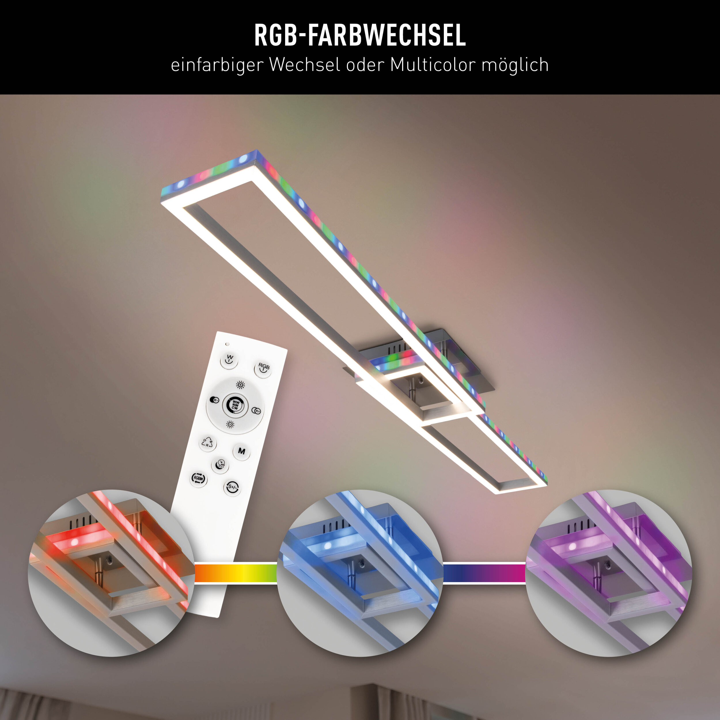 Moderne Deckenleuchte mit RGB-Farbwechsel, Fernbedienung und verschiedenen Lichtfarben.