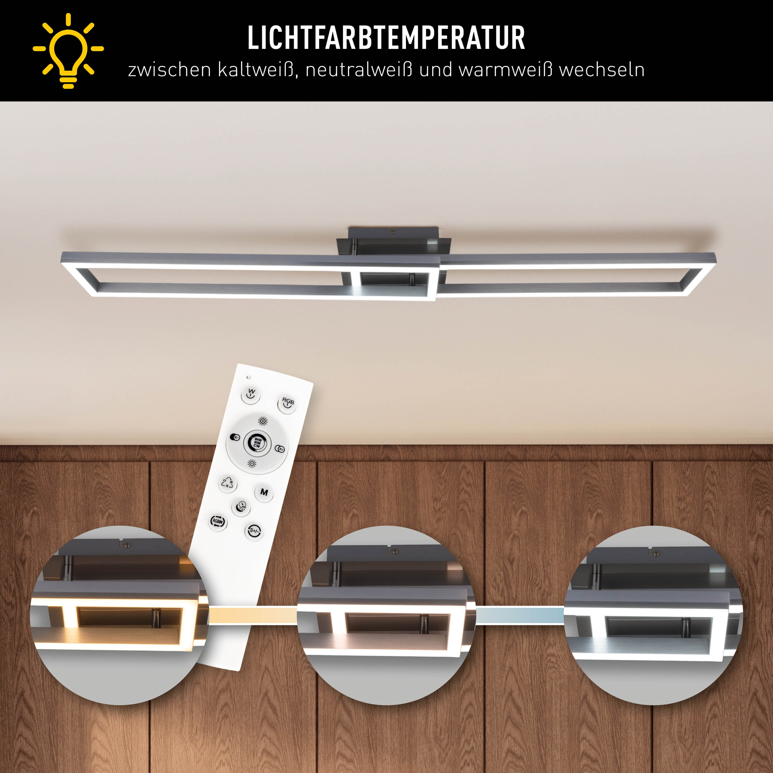 Moderne Deckenlampe mit Fernbedienung und drei Lichttemperaturen.