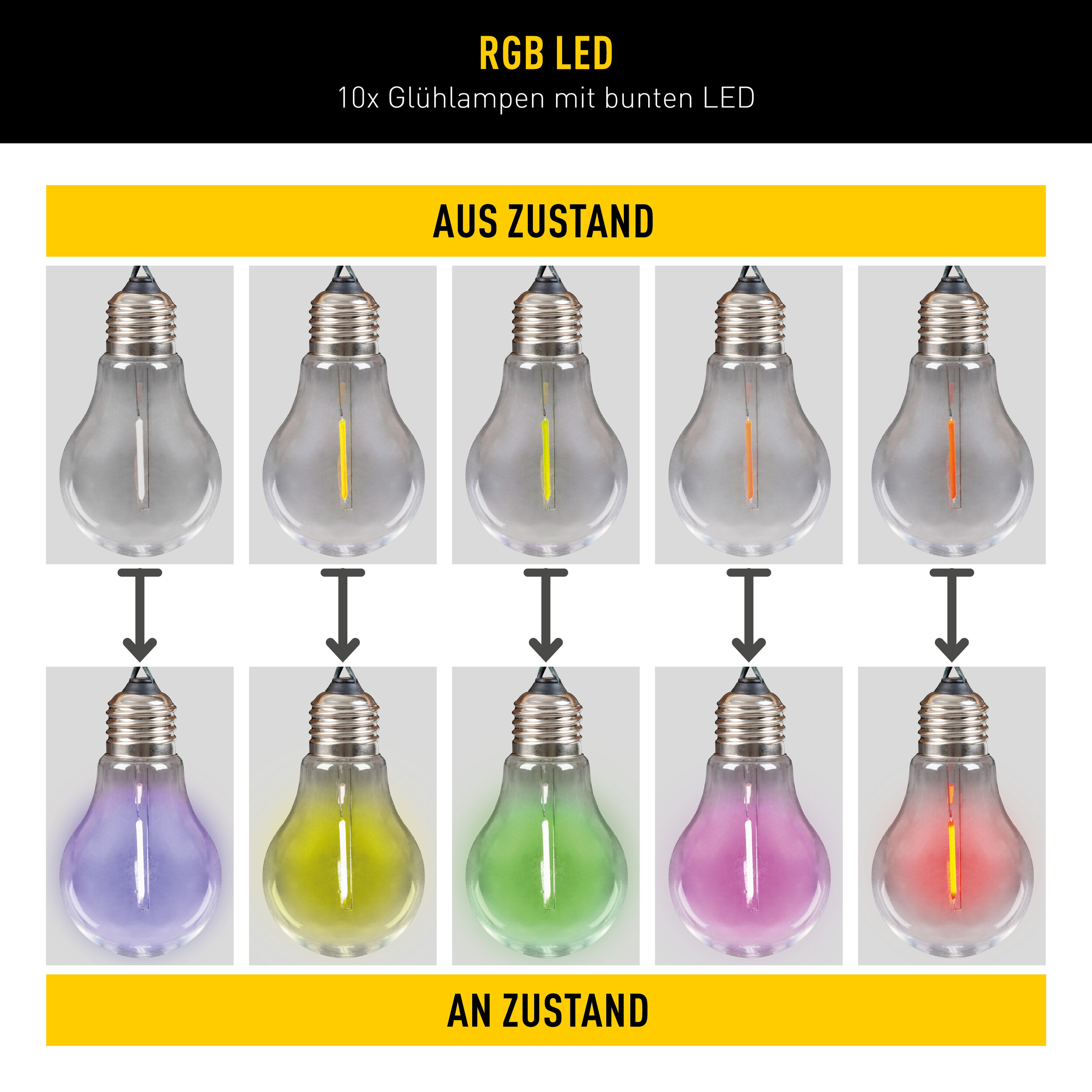 RGB LED Glühbirnen zeigen oben den Aus-Zustand und unten verschiedene Farben im An-Zustand.